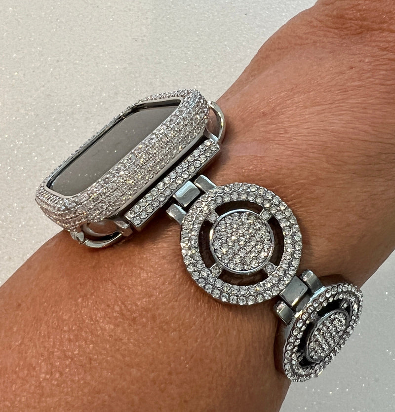 Designer Apple Watch Band Womens Silver Pave Swarovski Crystals & or Apple Watch Cover Case Lab Diamond Bezel Bling 38mm-45mm S1-8