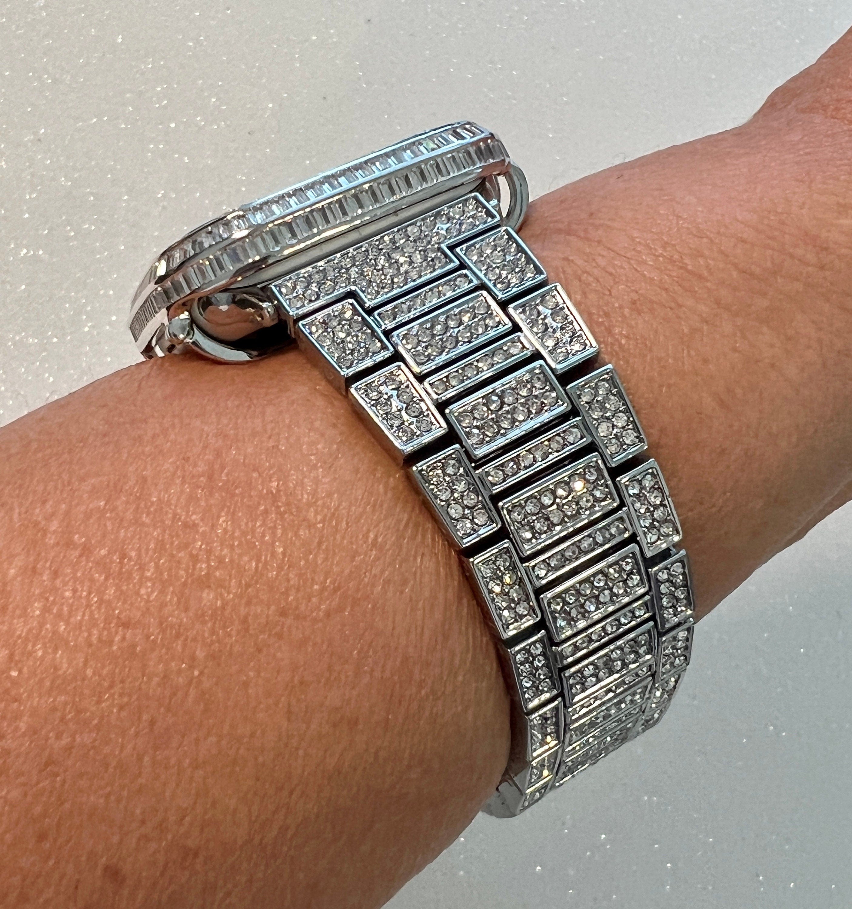 Luxury Apple Watch Band Silver Pave Swarovski Crystal & or Apple Watch Case Baguette Lab Diamond Bezel Cover Iwatch Candy Bling, Iphone case