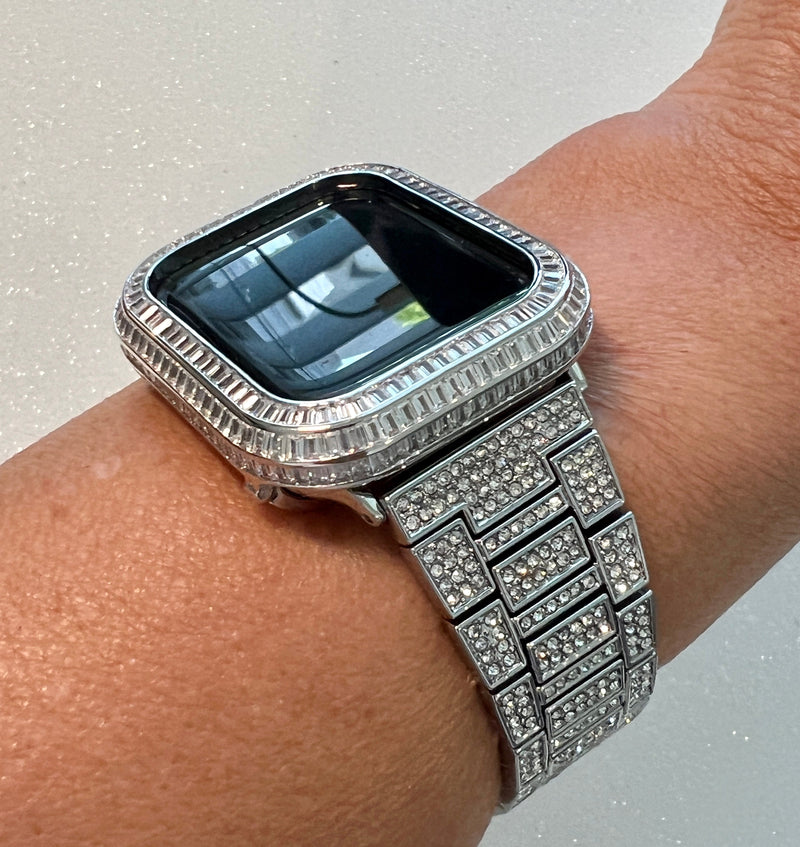 Luxury Apple Watch Band Silver Pave Swarovski Crystals & or Apple Watch Case Baguette Lab Diamond Bezel Cover Iwatch Candy Bling