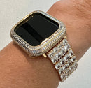 Yellow Gold Apple Watch Band Woman Baguette & Radiant Cut Swarovski Crystals and or Designer Apple Watch Cover Lab Diamond Bezel 40mm-45mm