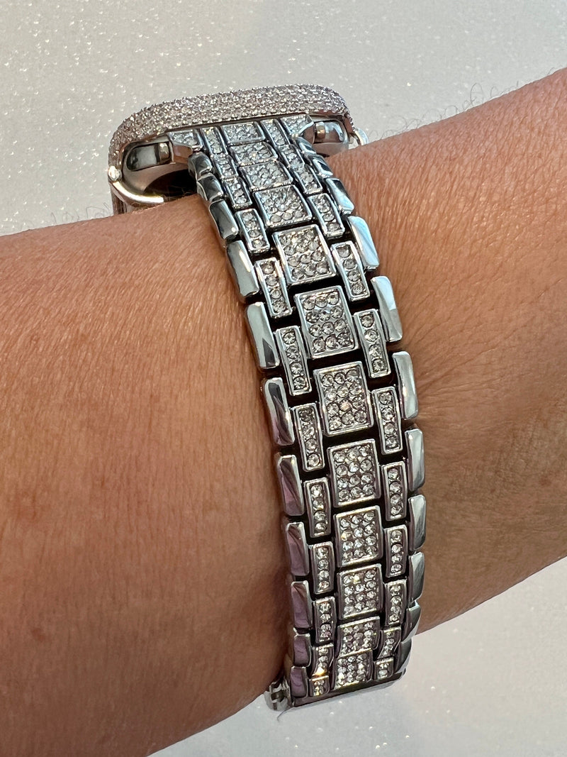 Designer Silver Apple Watch Band Women Swarovski Crystal Bracelet & or Apple Watch Cover Lab Diamond Bezel Case 38 40 41 42 44 45 49mm Ultra