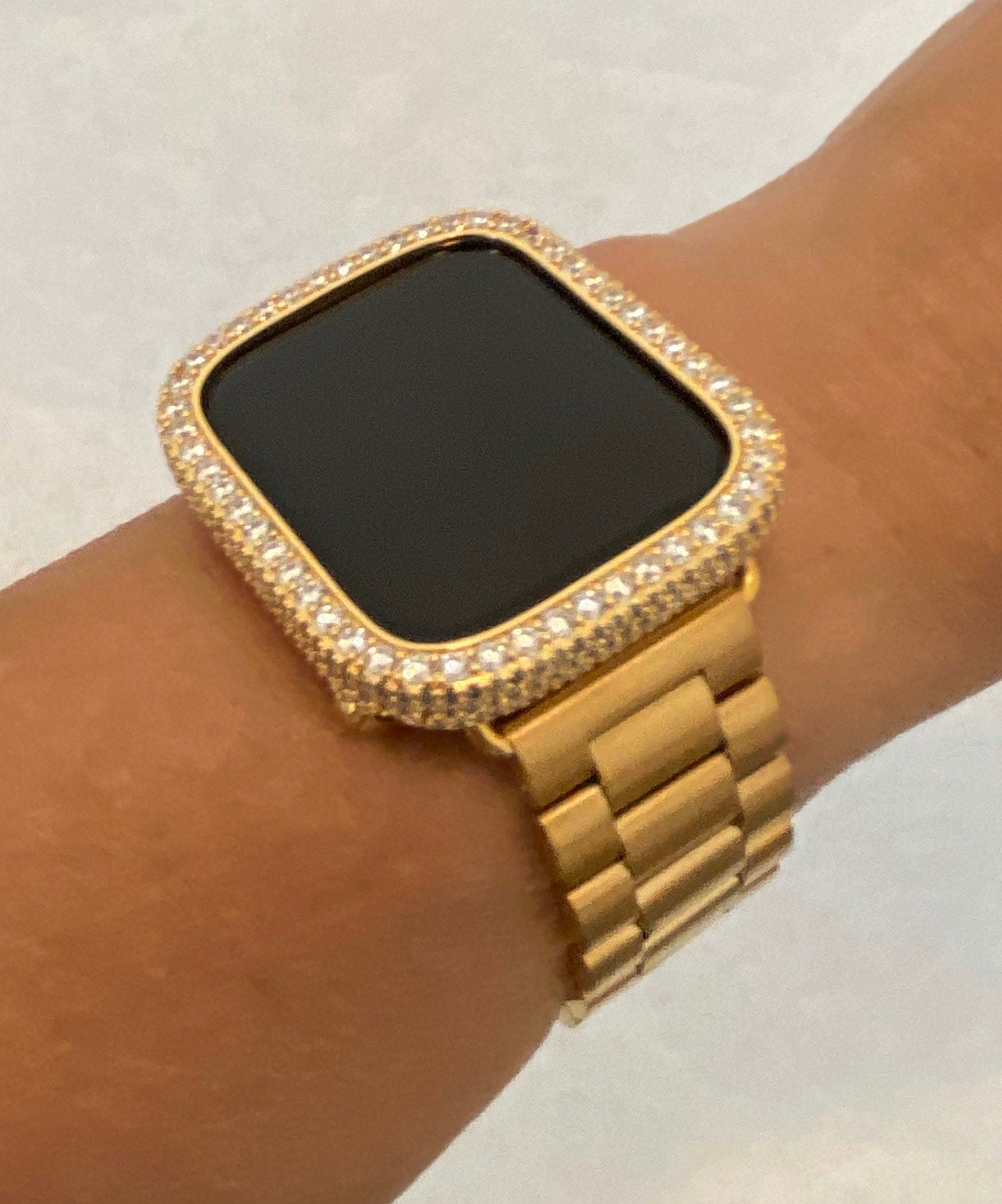 Custom Apple Watch Band Gold Stainless Style 41mm 45mm 49mm Ultra & or Iced Out Lab Diamond Bezel Cover Iwatch Band Series 11 Gift for Him