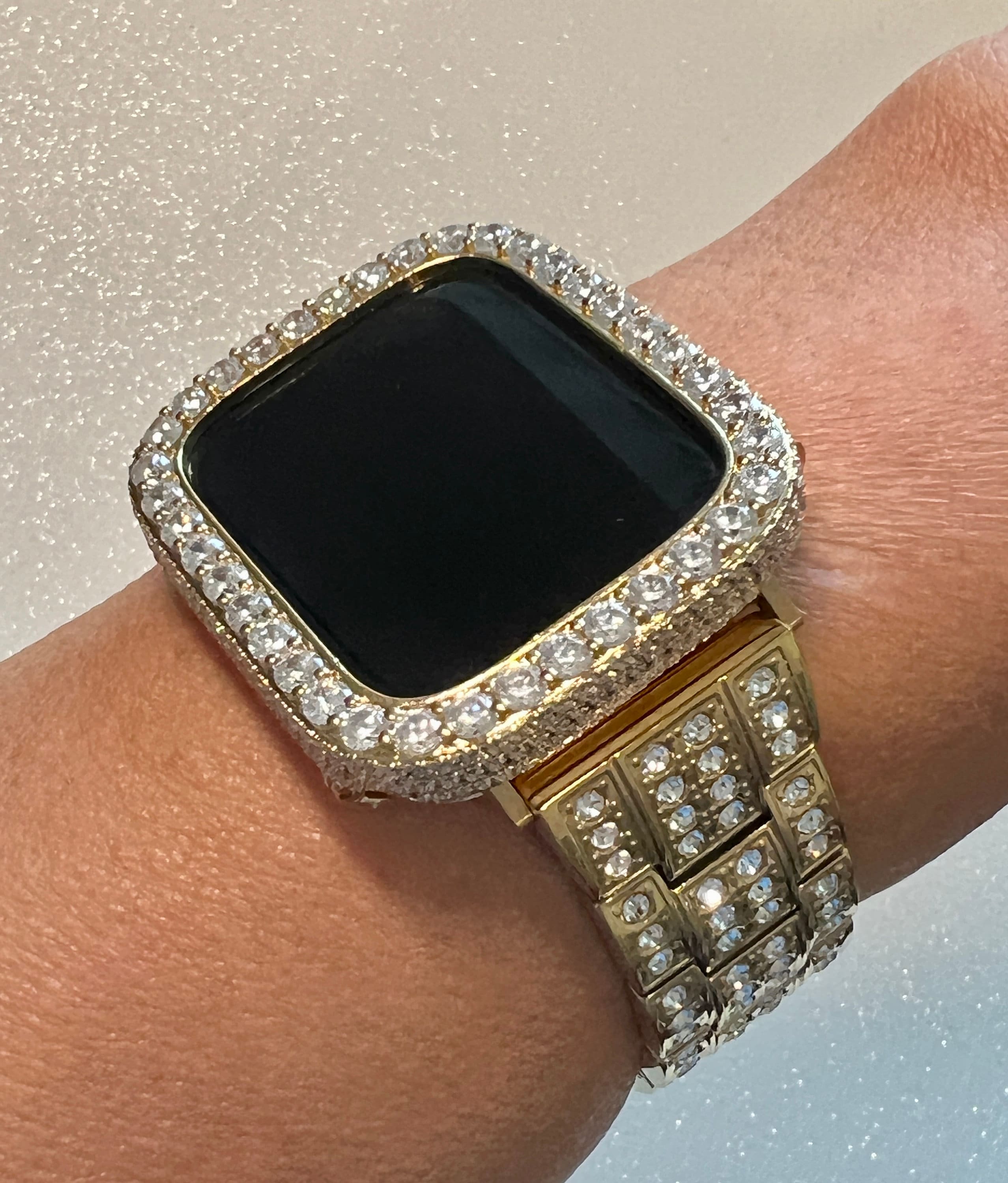 Iced Out Mens Apple Watch Band Women Gold Stainless Steel Crystals & or Apple Watch Cover Lab Diamond Bezel Case Bling 38mm-45mm