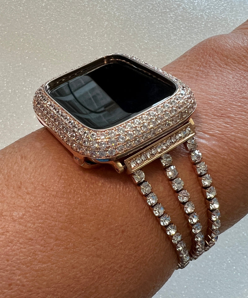 Rose Gold Apple Watch Band Womens 41mm 45mm 49mm Ultra Swarovski Crystals & or Apple Watch Cover Lab Diamonds 40mm 44mm Iwatch Candy dy