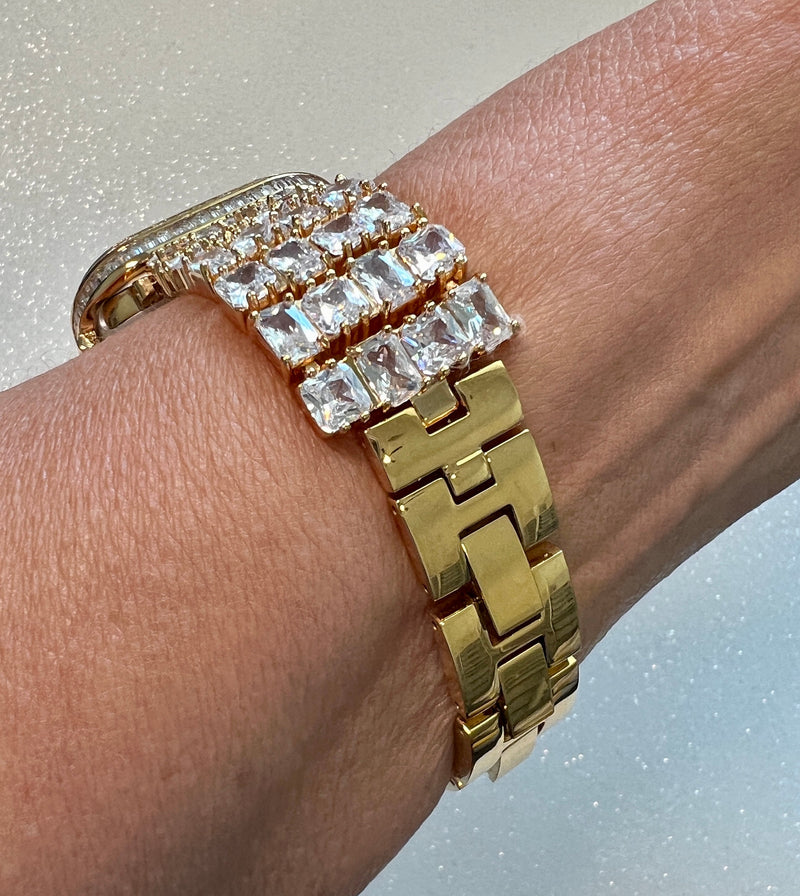 Huge Bling Apple Watch Band Woman Baguette Radiant Cut Swarovski Crystal Gold & or Apple Watch Cover Baguette Lab Diamond Bezel Iwatch Candy