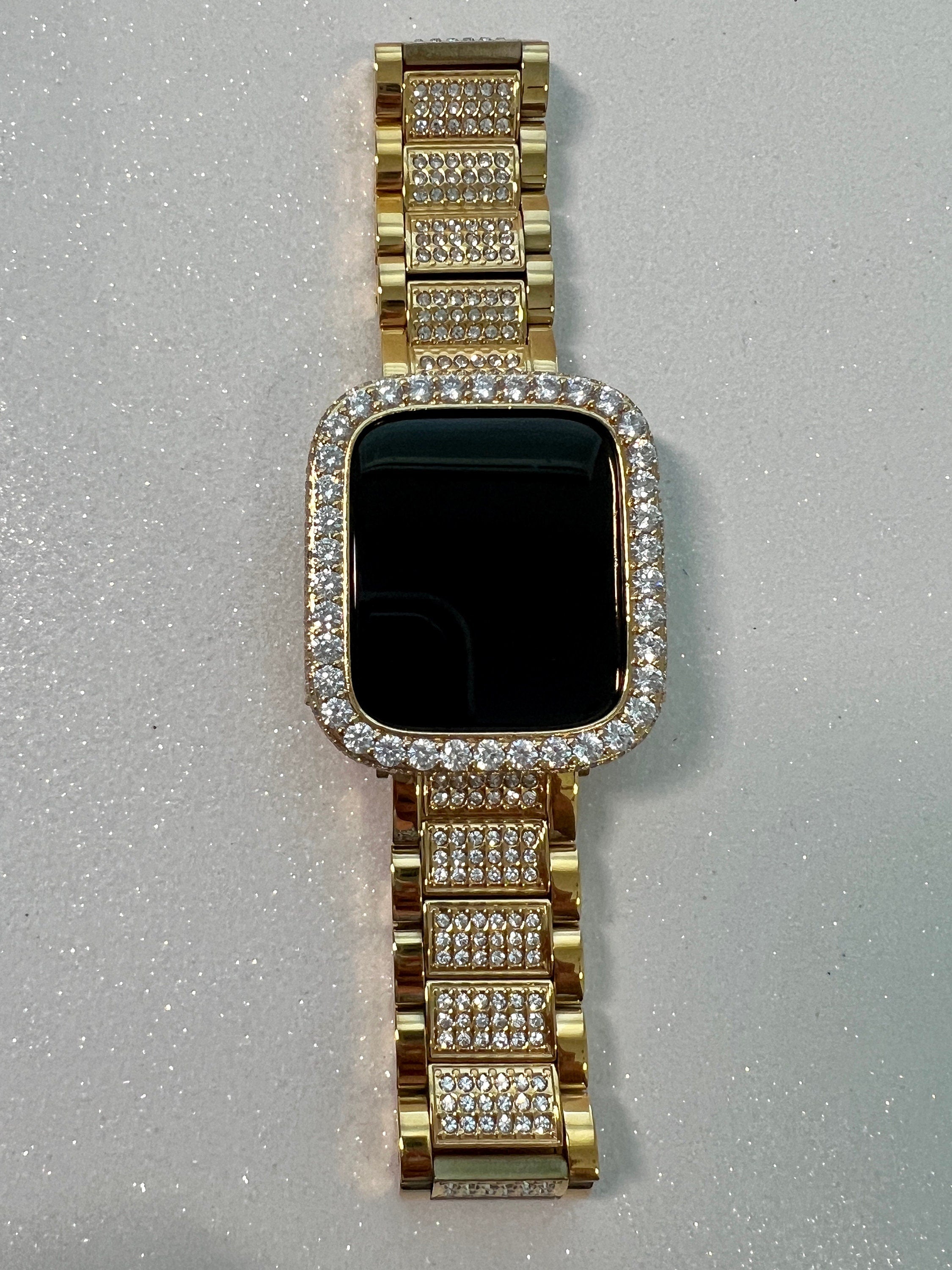 Gold Apple Watch Band Mens Women Stainless Steel Swarovski Crystal & or Apple Watch Cover Large 3.5mm Lab Diamond Iphone Watch Face