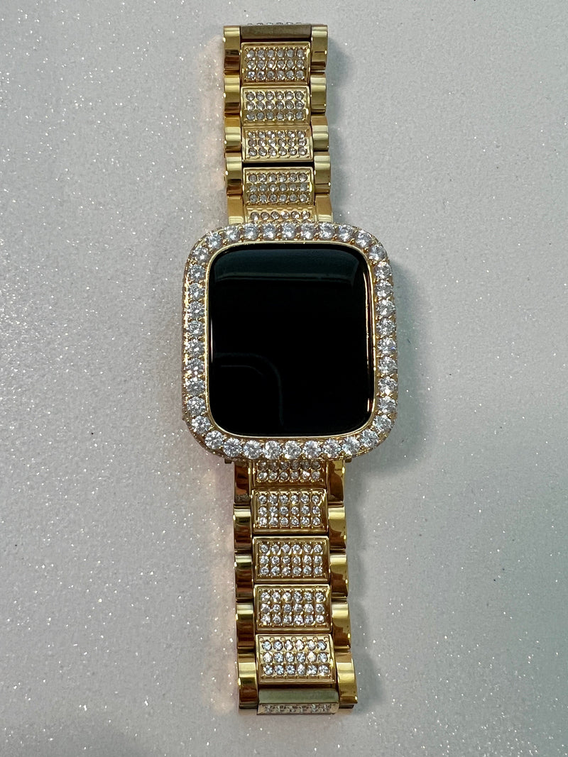 Gold Apple Watch Band Mens Women Stainless Steel Swarovski Crystal & or Apple Watch Cover Large 3.5mm Lab Diamond Case Iwatch Candy Bling