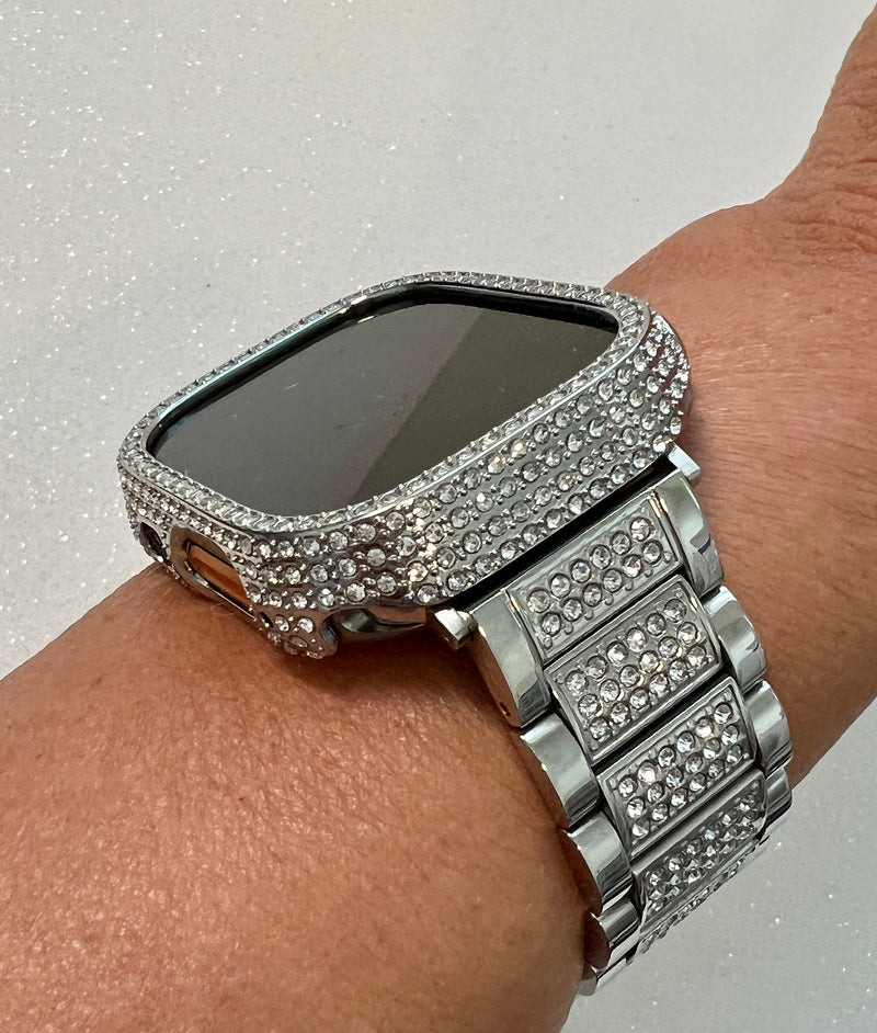 Luxury Apple Watch Band 49mm Ultra Men Women Silver Swarovski Crystal Stainless Steel & or Apple Watch Cover Bumper Case Iwatch Candy Bling