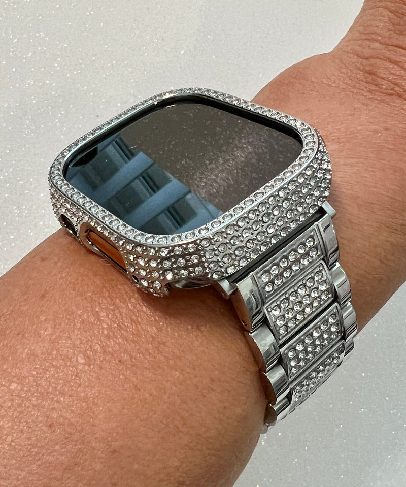 Luxury Apple Watch Band 49mm Ultra Men Women Silver Swarovski Crystal Stainless Steel & or Apple Watch Cover Bumper Case Iwatch Candy Bling