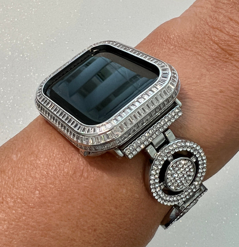 Custom Apple Watch Band Womens Silver Pave Swarovski Crystals & or Apple Watch Cover Baguette Lab Diamond Bezel Bling Iwatch Candy