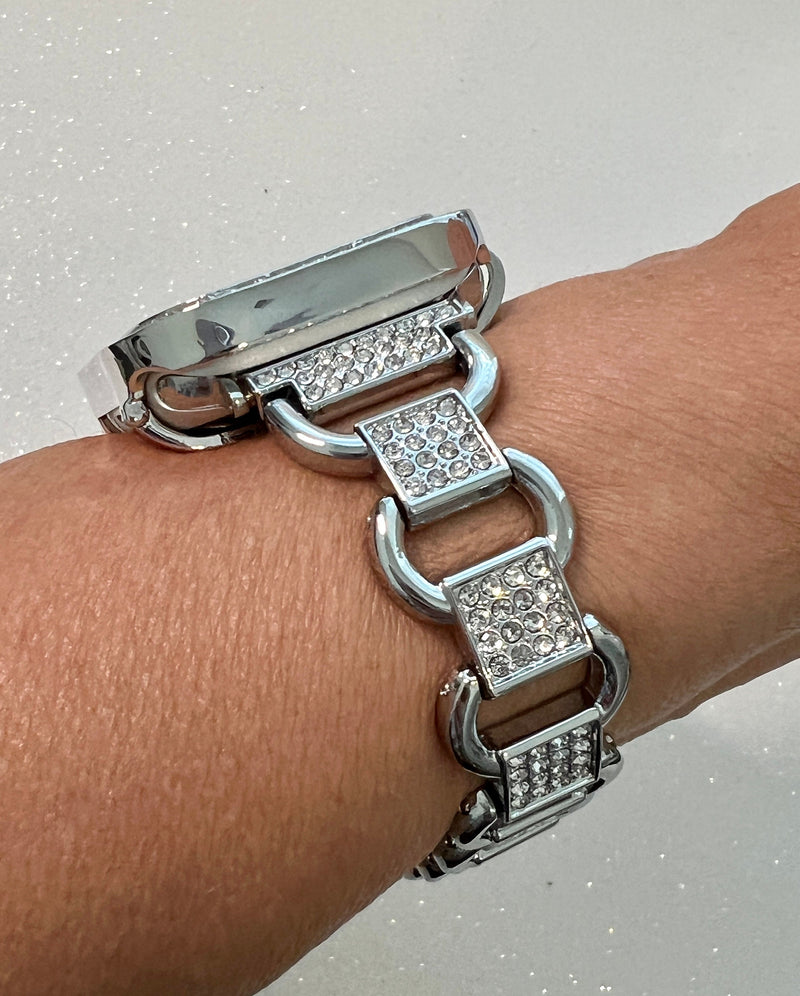 Apple Watch Band Women Silver Link Bracelet with Swarovski Crystals & or Apple Watch Cover Baguettes Lab Diamond Iwatch Candy Bling 38-49mm