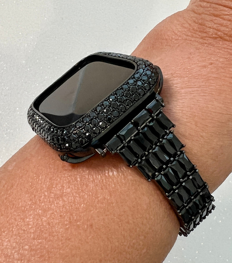 Apple Watch Band Women Designer Black Swarovski Crystals 38mm-49mm & or Apple Watch Cover Black Lab Diamond Bezel Iwatch Candy Case Bling
