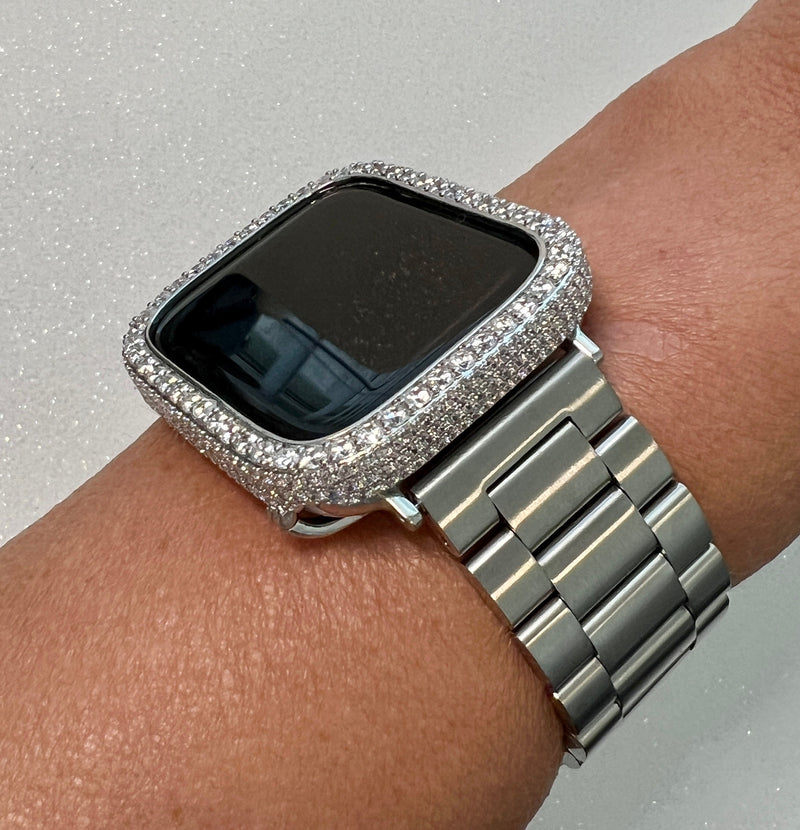 49mm Ultra Apple Watch Band Silver Stainless Steel & or Apple Watch Case 2.5mm Lab Diamond Bezel Cover 38mm-45mm Iwatch Candy Bling