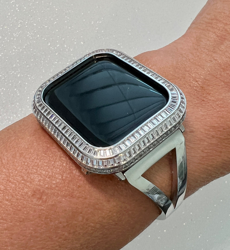 Sleek Sliver Apple Watch Band Bangle Bracelet Womens & or Custom Apple Watch Case 3 Rows of Baguette Lab Diamonds Iwatch Candy 40 41 44 45mm