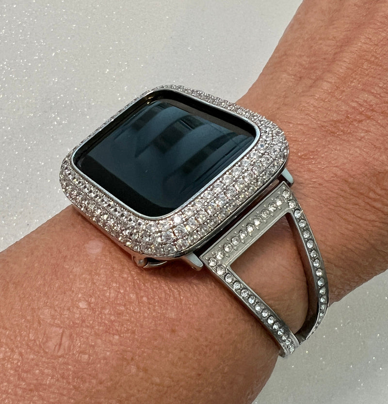 Sliver Apple Watch Band Women Swarovski Crystal Bangle Bracelet & or Apple Watch Case Pave Lab Diamonds 38mm-49mm Ultra Iwatch Candy Bling