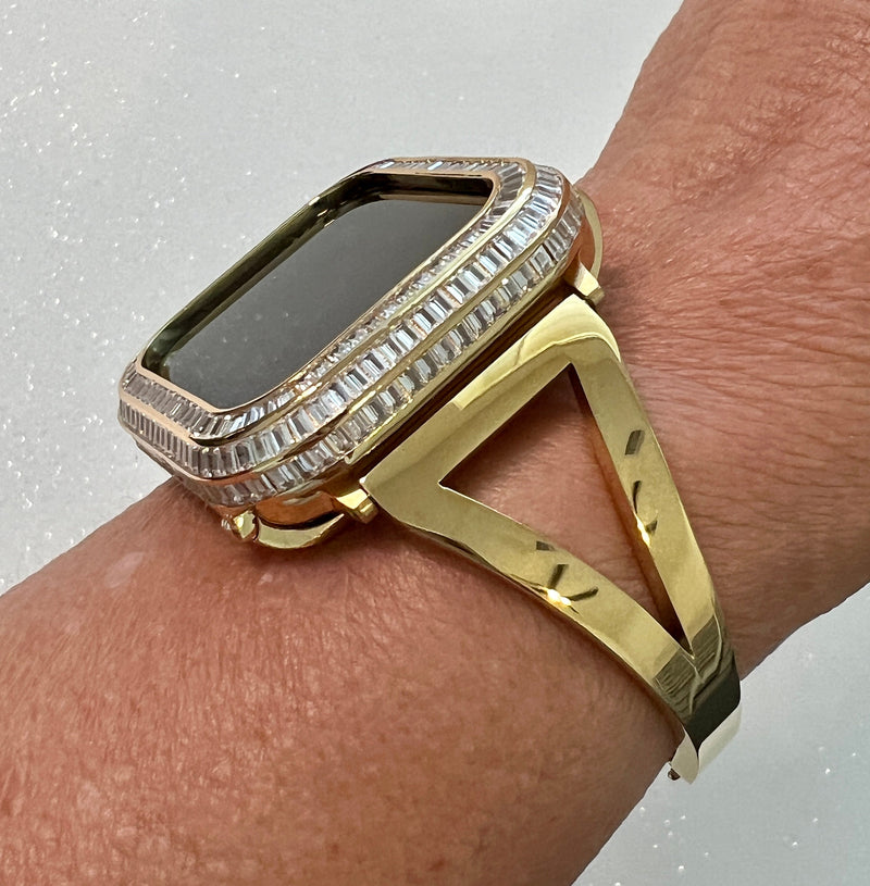 Sleek Gold Apple Watch Band Bangle Bracelet Womens & or Custom Apple Watch Case 3 Rows of Baguette Lab Diamonds Iwatch Candy 40 41 44 45mm