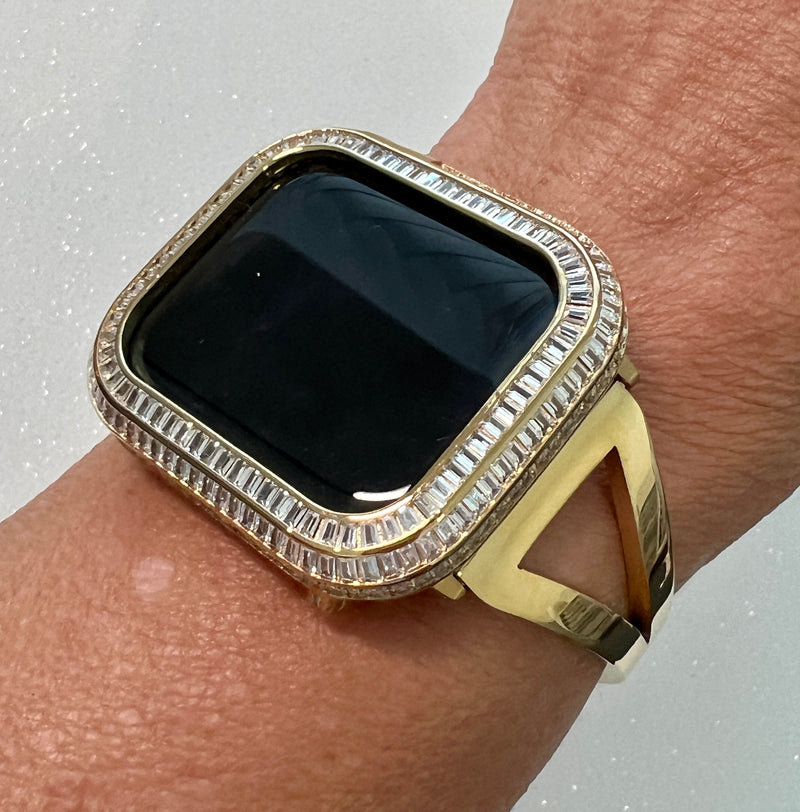 Sleek Gold Apple Watch Band Bangle Bracelet Womens & or Custom Apple Watch Case 3 Rows of Baguette Lab Diamonds Iwatch Candy 40 41 44 45mm