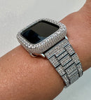 Mens Apple Watch Band Women Silver Pave Swarovski Crystal & or Apple Watch Cover 3.5mm Lab Diamond Bezel Smartwatch Bumper Case Iwatch Candy