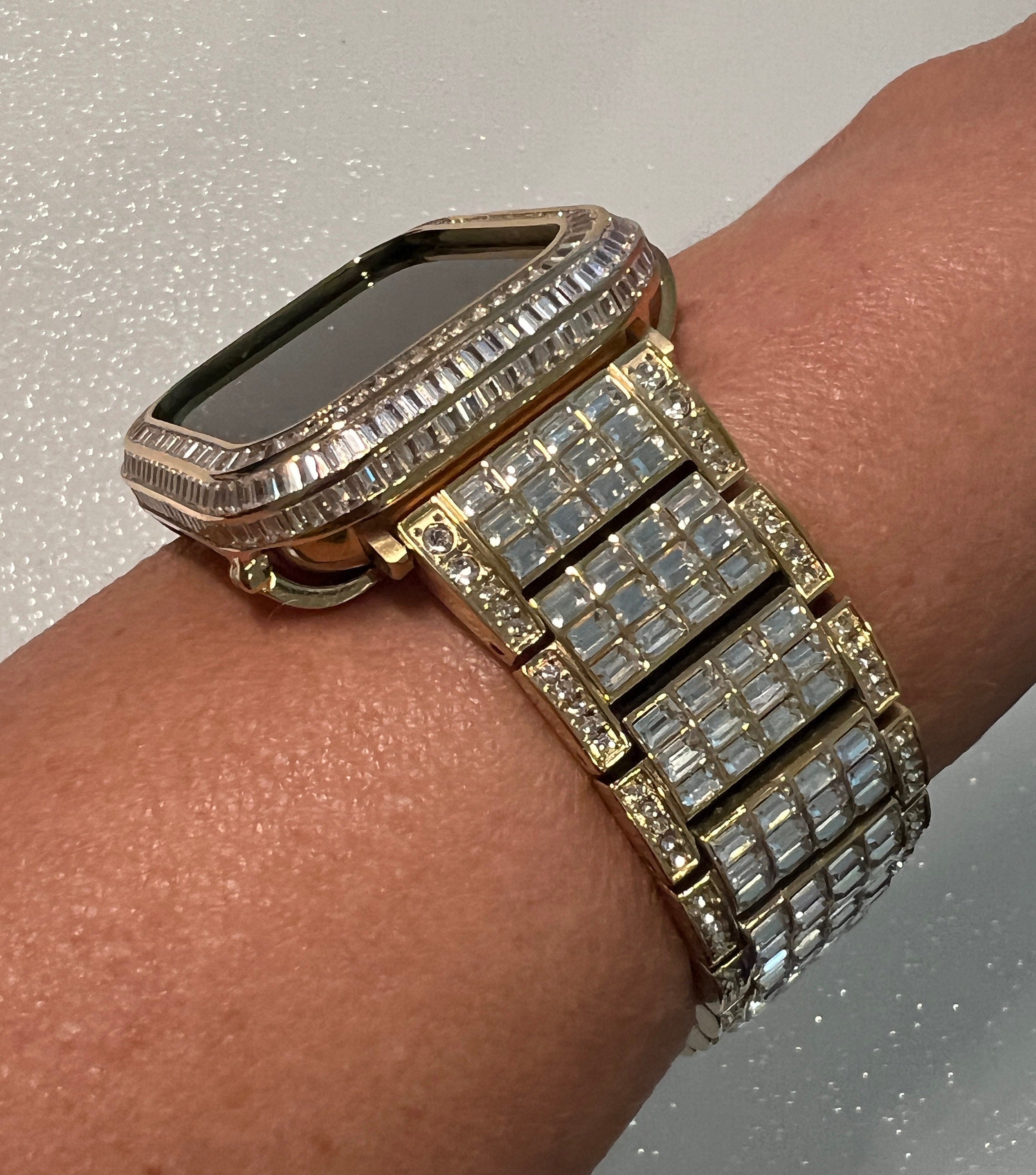 Luxury Apple Watch Band Womens Mens Gold Crystal & or Apple Watch Case Baguette Lab Diamond Bezel Apple Watch Cover Iwatch Candy