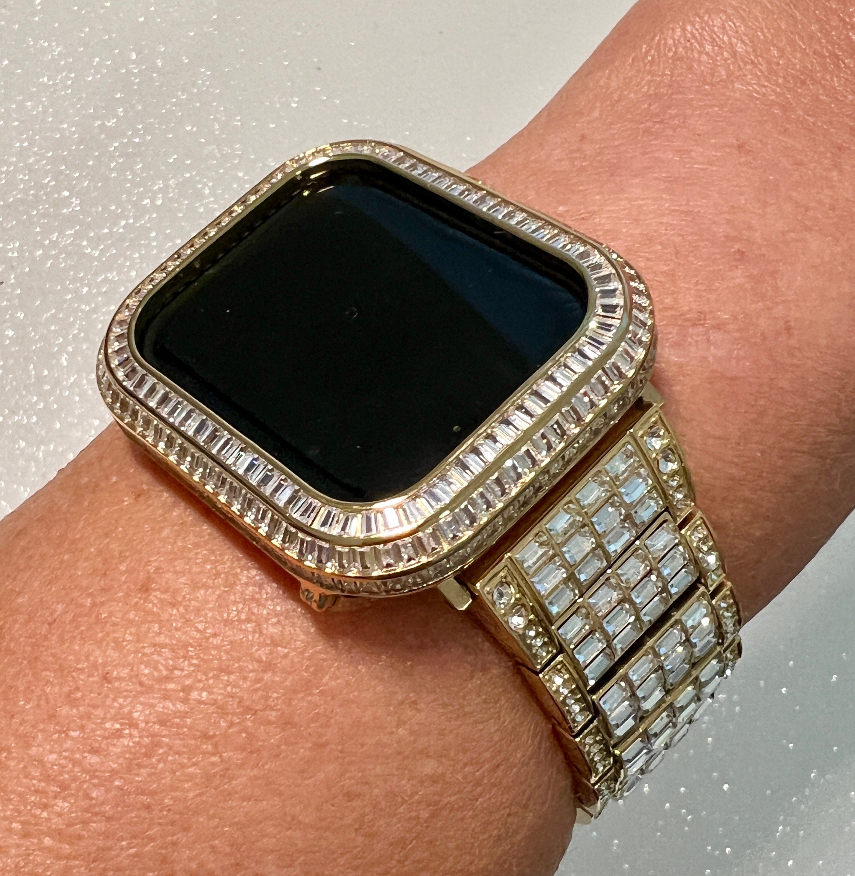 Luxury Apple Watch Band Womens Mens Gold Crystal & or Apple Watch Case Baguette Lab Diamond Bezel Apple Watch Cover Iwatch Candy