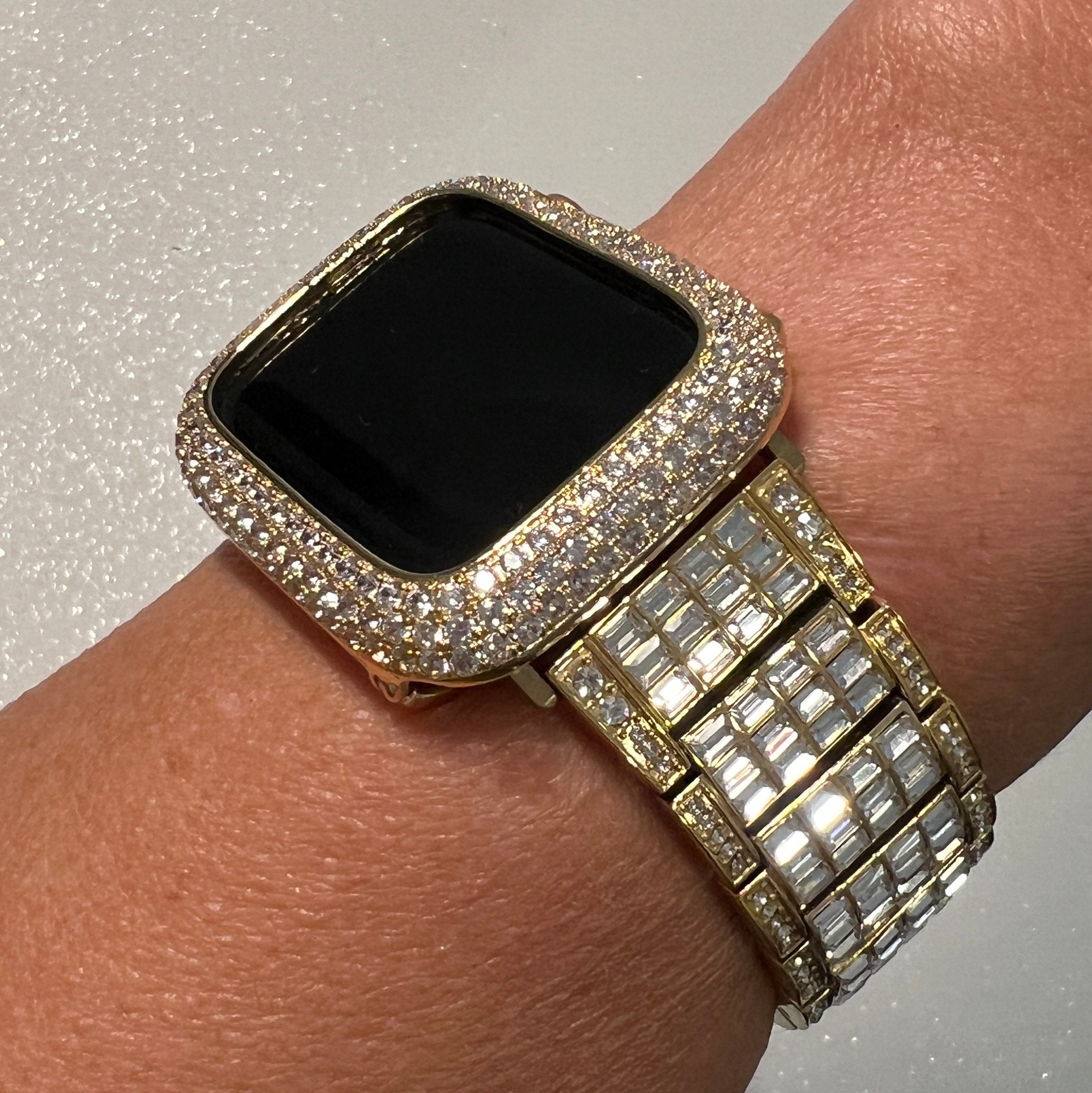 Statement Apple Watch Band Gold 49mm Ultra Baguette Swarovski Crystals & or Apple Watch Case Lab Diamond Bezel Apple Watch Cover 38mm-45mm