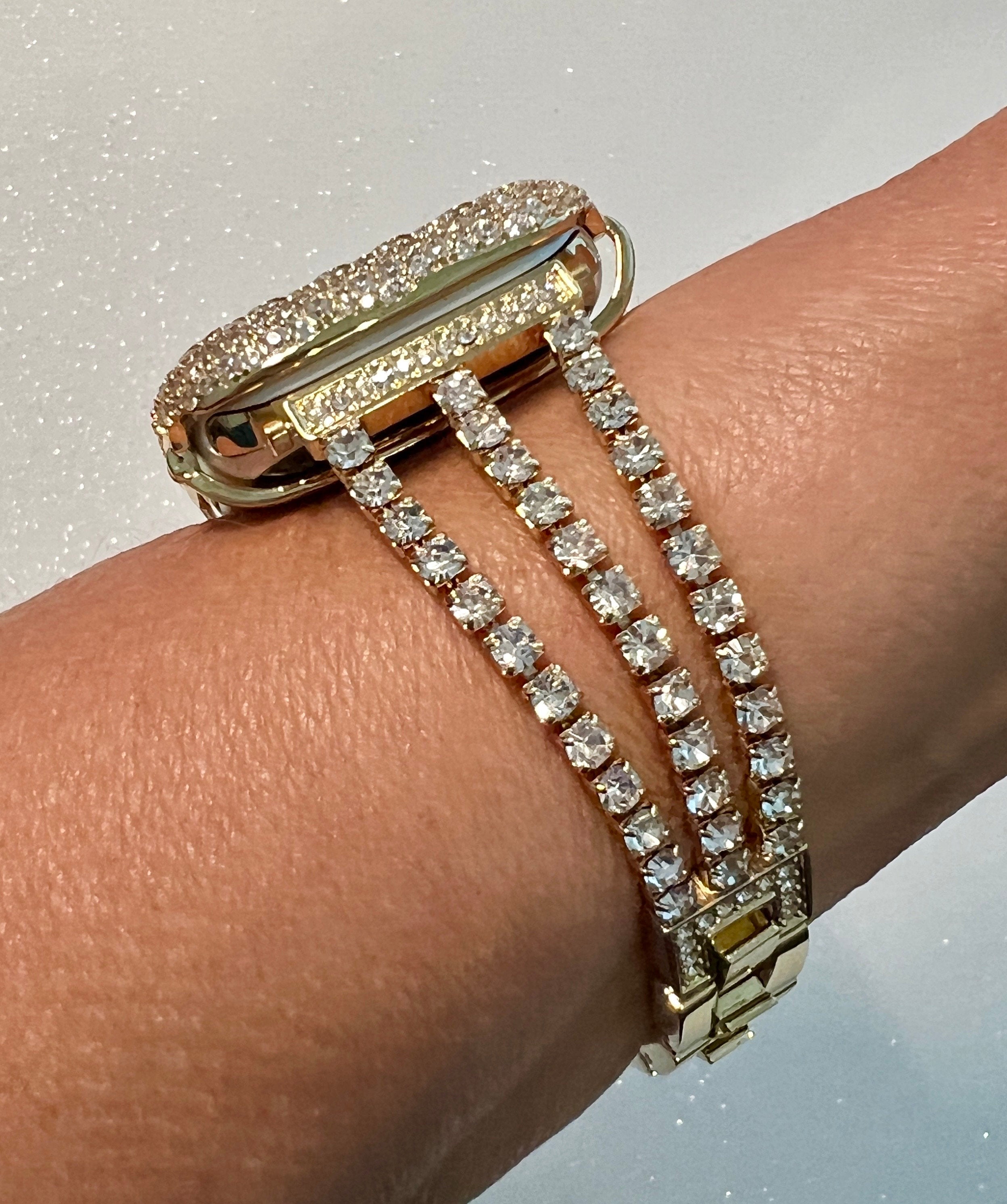 Apple Watch Band Women Gold Swarovski Crystal 38mm-49mm Ultra & or Apple Watch Case Lab Diamond Bezel Apple Watch Cover Iwatch Candy Bling