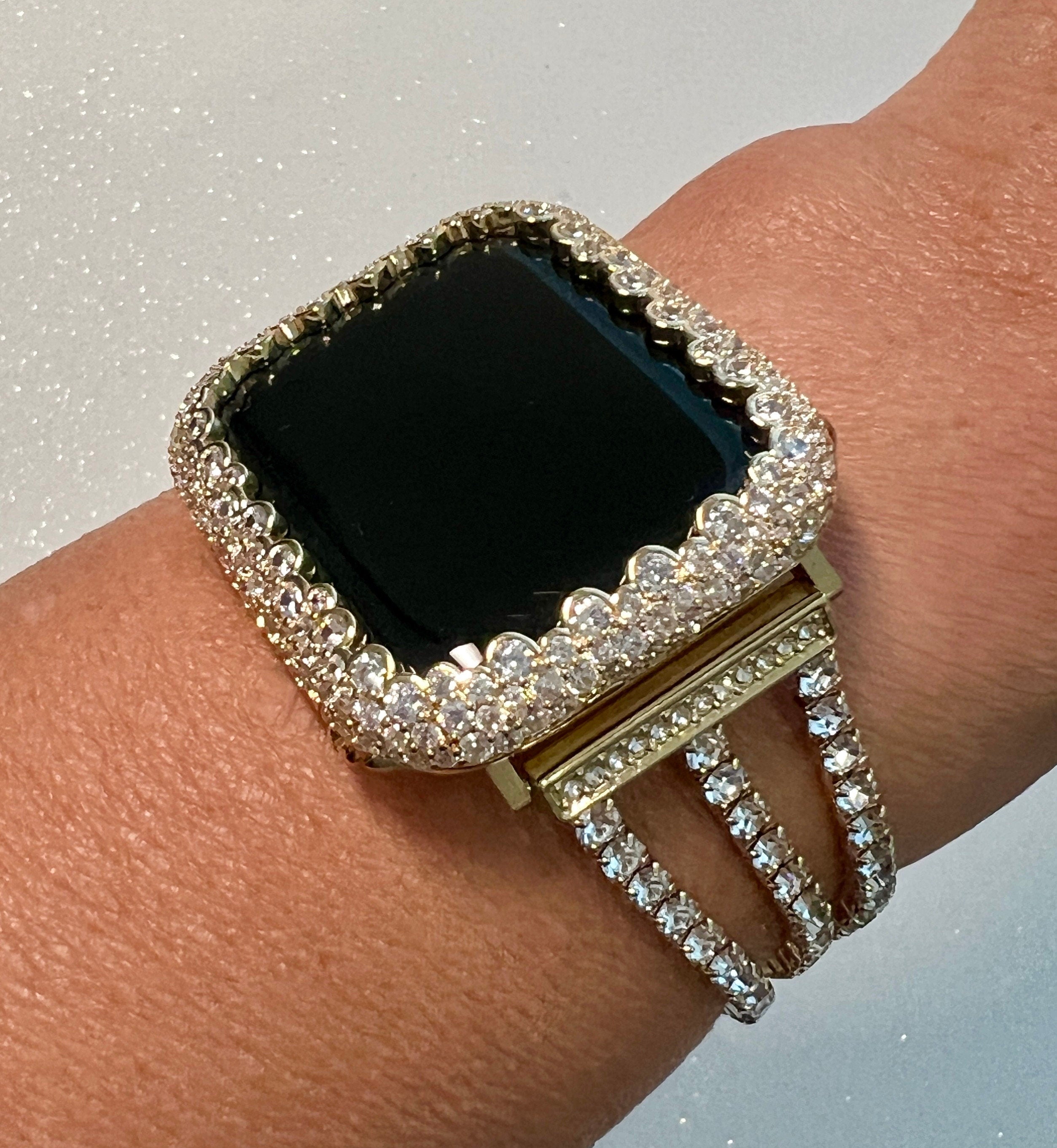 Apple Watch Band Women Gold Swarovski Crystal 38mm-49mm Ultra & or Apple Watch Case Lab Diamond Bezel Apple Watch Cover Iwatch Candy Bling