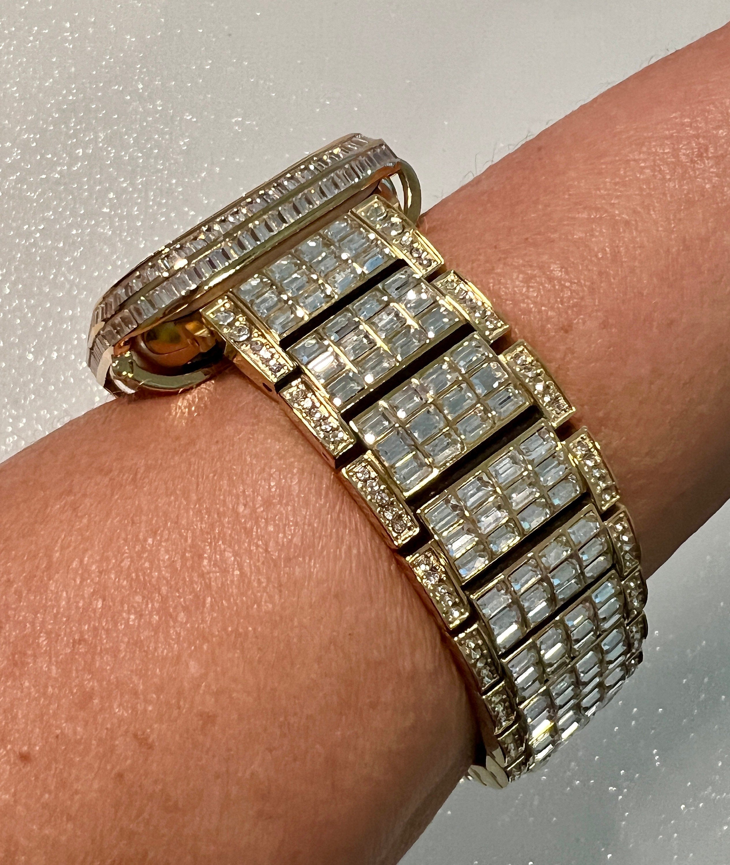 Luxury Apple Watch Band Womens Mens Gold Crystal & or Apple Watch Case Baguette Lab Diamond Bezel Apple Watch Cover Iwatch Candy