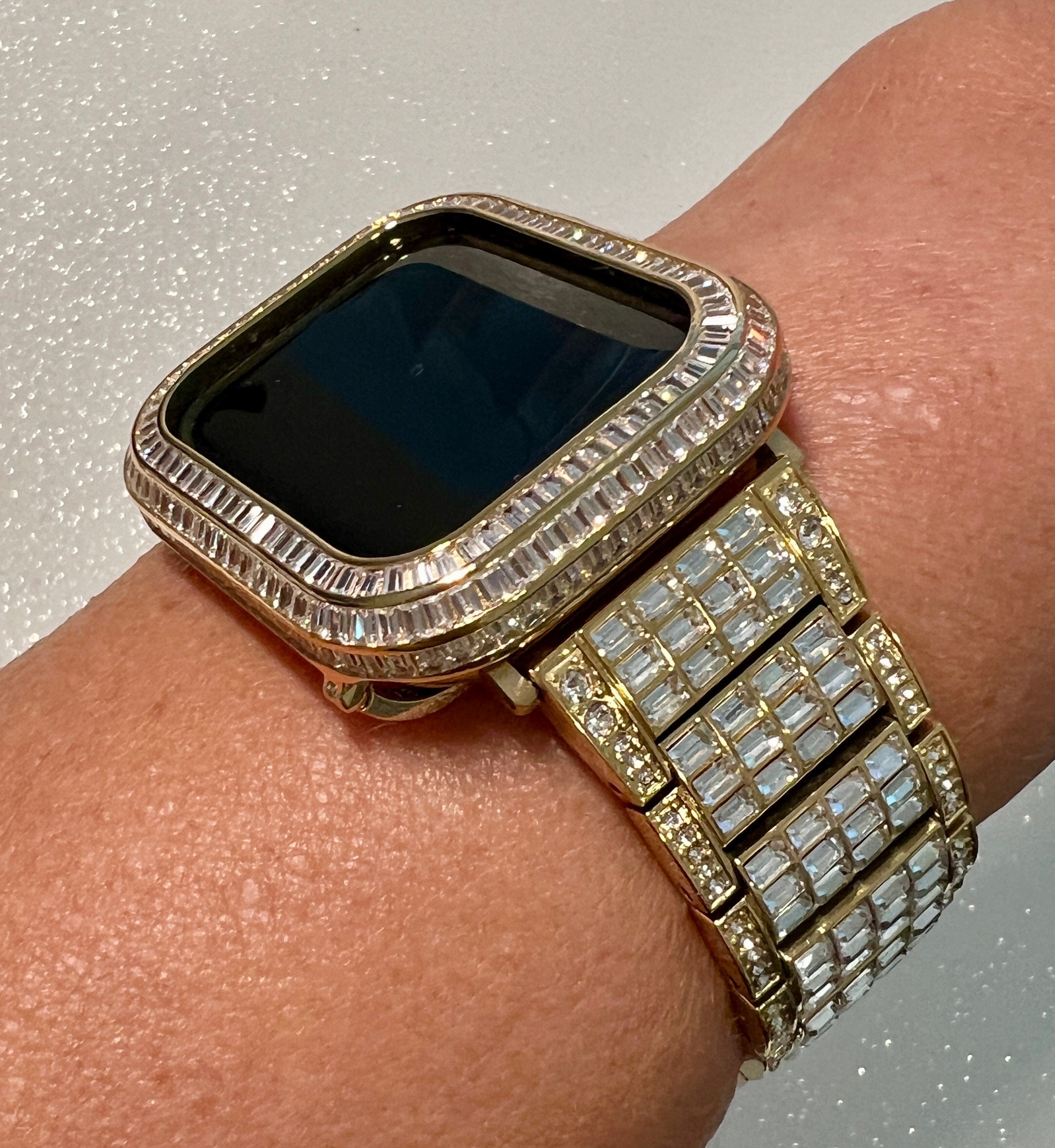 Luxury Apple Watch Band Womens Mens Gold Crystal & or Apple Watch Case Baguette Lab Diamond Bezel Apple Watch Cover Iwatch Candy