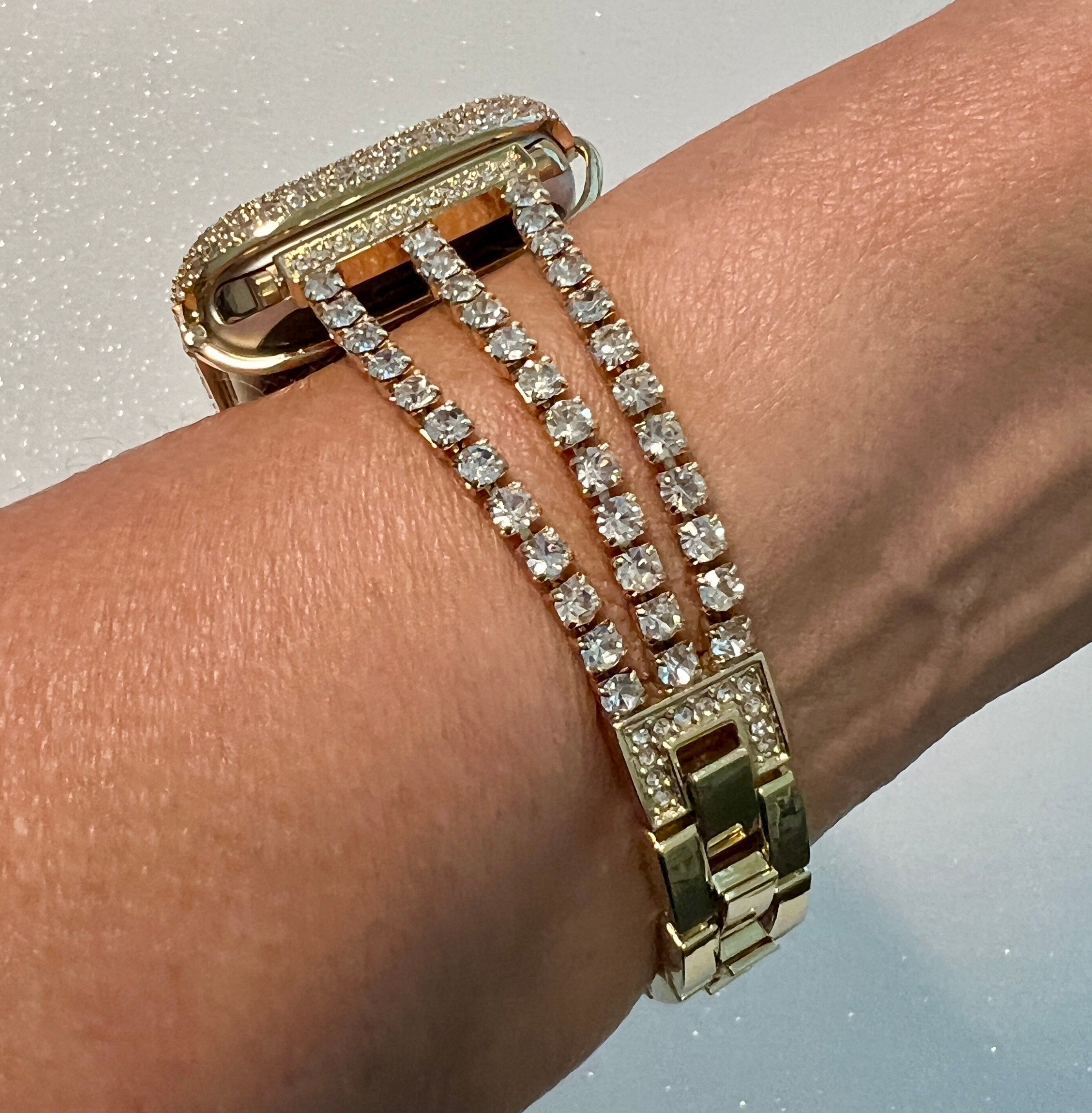 Apple Watch Band Women Gold Swarovski Crystal 38mm-49mm Ultra & or Apple Watch Case Lab Diamond Bezel Apple Watch Cover Iwatch Candy Bling