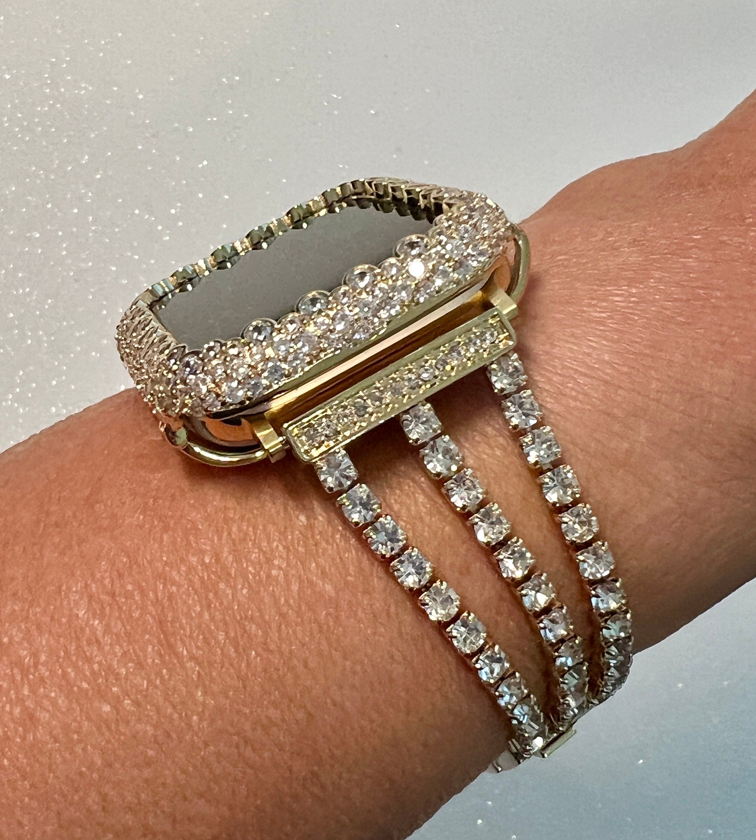 Apple Watch Band Women Gold Swarovski Crystal 38mm-49mm Ultra & or Apple Watch Case Lab Diamond Bezel Apple Watch Cover Iwatch Candy Bling