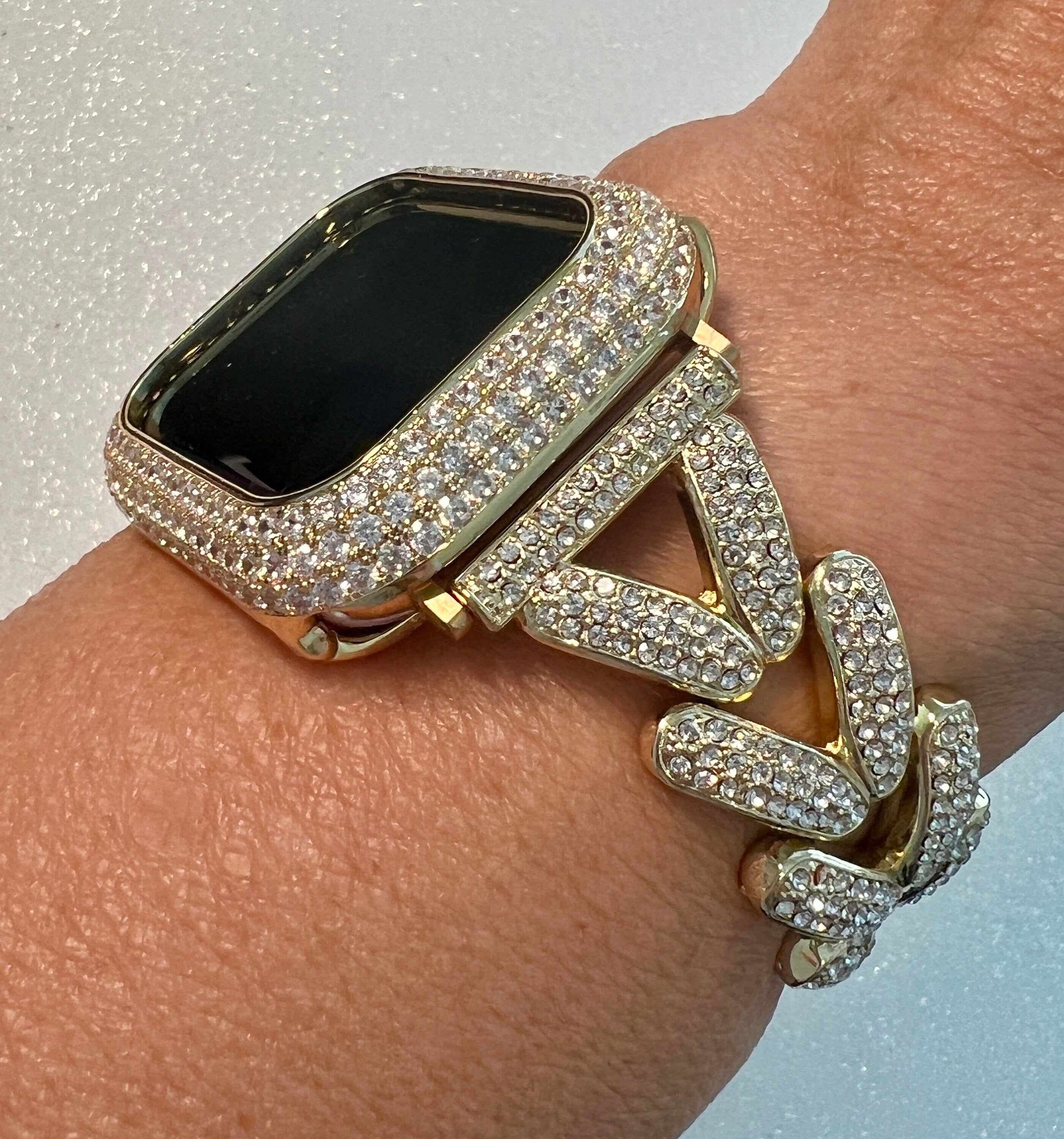 Designer Apple Watch Band Woman Gold Crystal Heart Charm & or Apple Watch Case Lab Diamond Bezel 38mm-49mm Apple Watch Cover