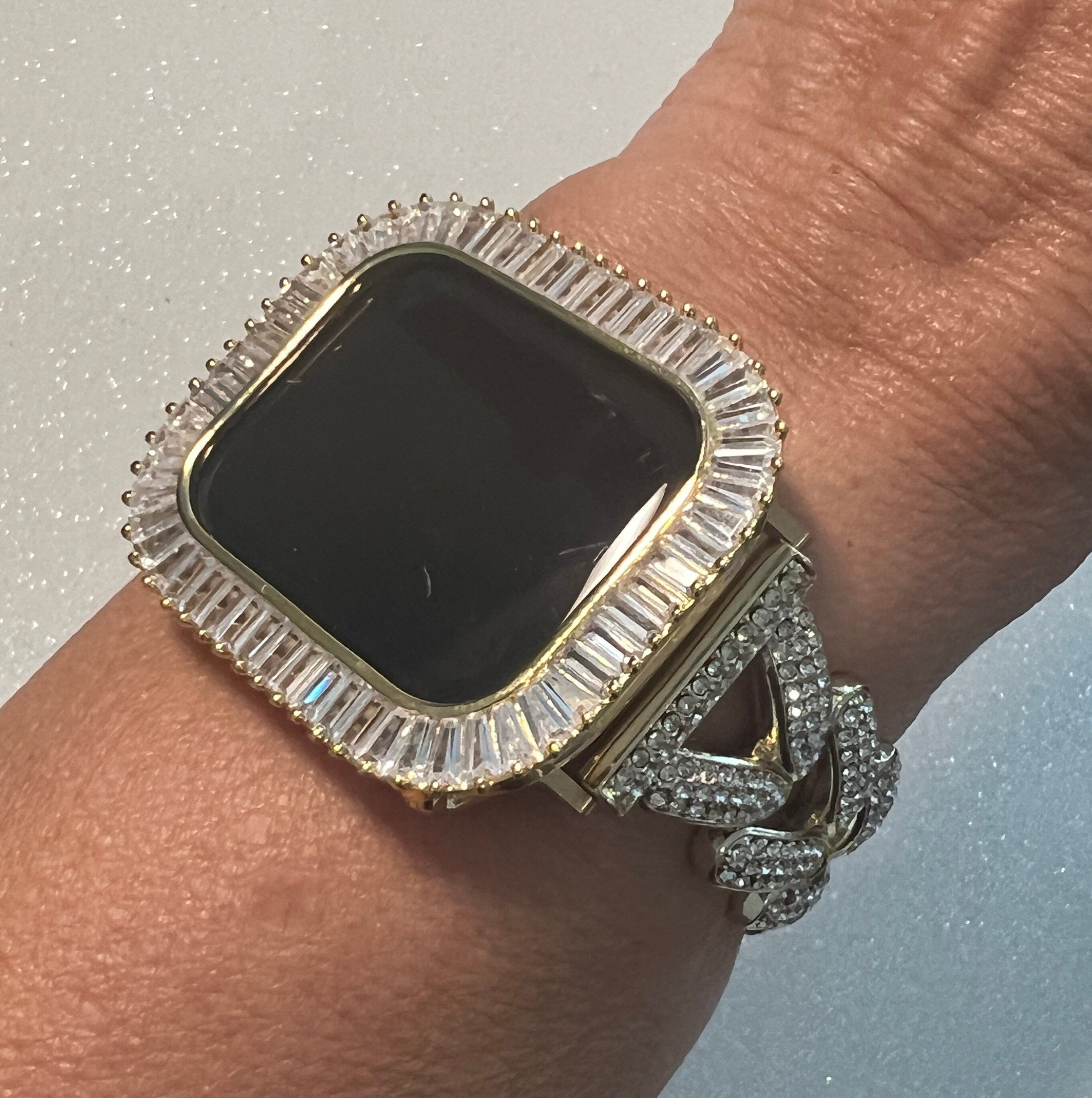 Designer Apple Watch Band Woman Gold Swarovski Crystal Heart Charm & or Apple Watch Case Lab Diamond Baguette Bezel Apple Iphone Watch Cover