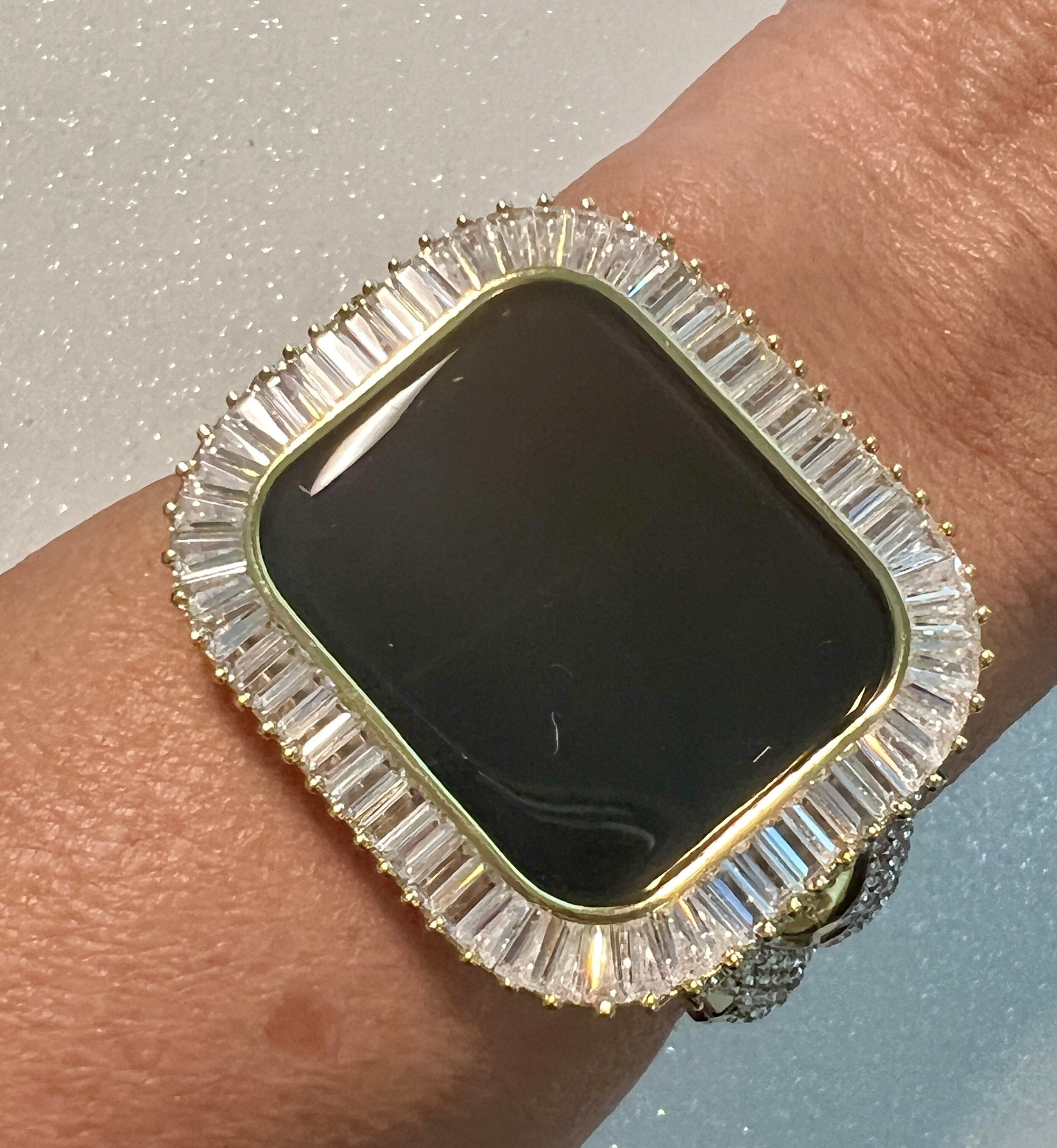 Designer Apple Watch Band Woman Gold Swarovski Crystal Heart Charm & or Apple Watch Case Lab Diamond Baguette Bezel Apple Iphone Watch Cover
