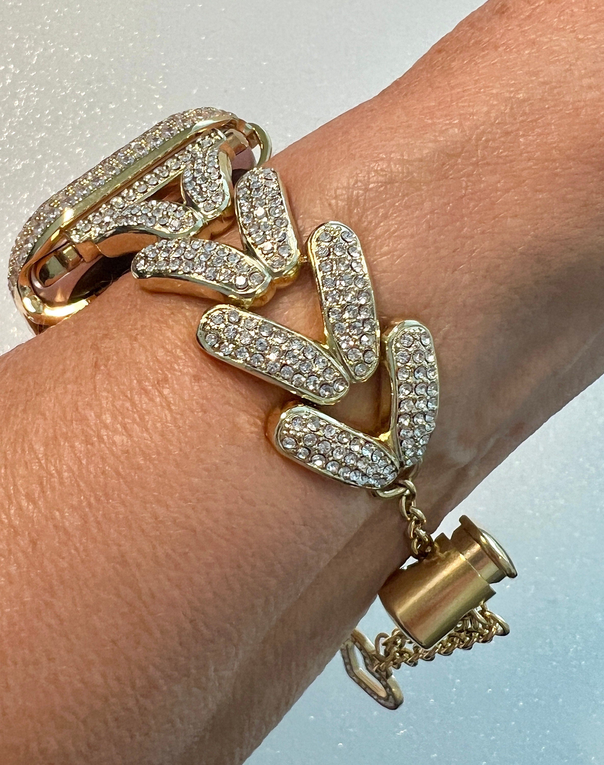 Designer Apple Watch Band Woman Gold Crystal Heart Charm & or Apple Watch Case Lab Diamond Bezel 38mm-49mm Apple Watch Cover