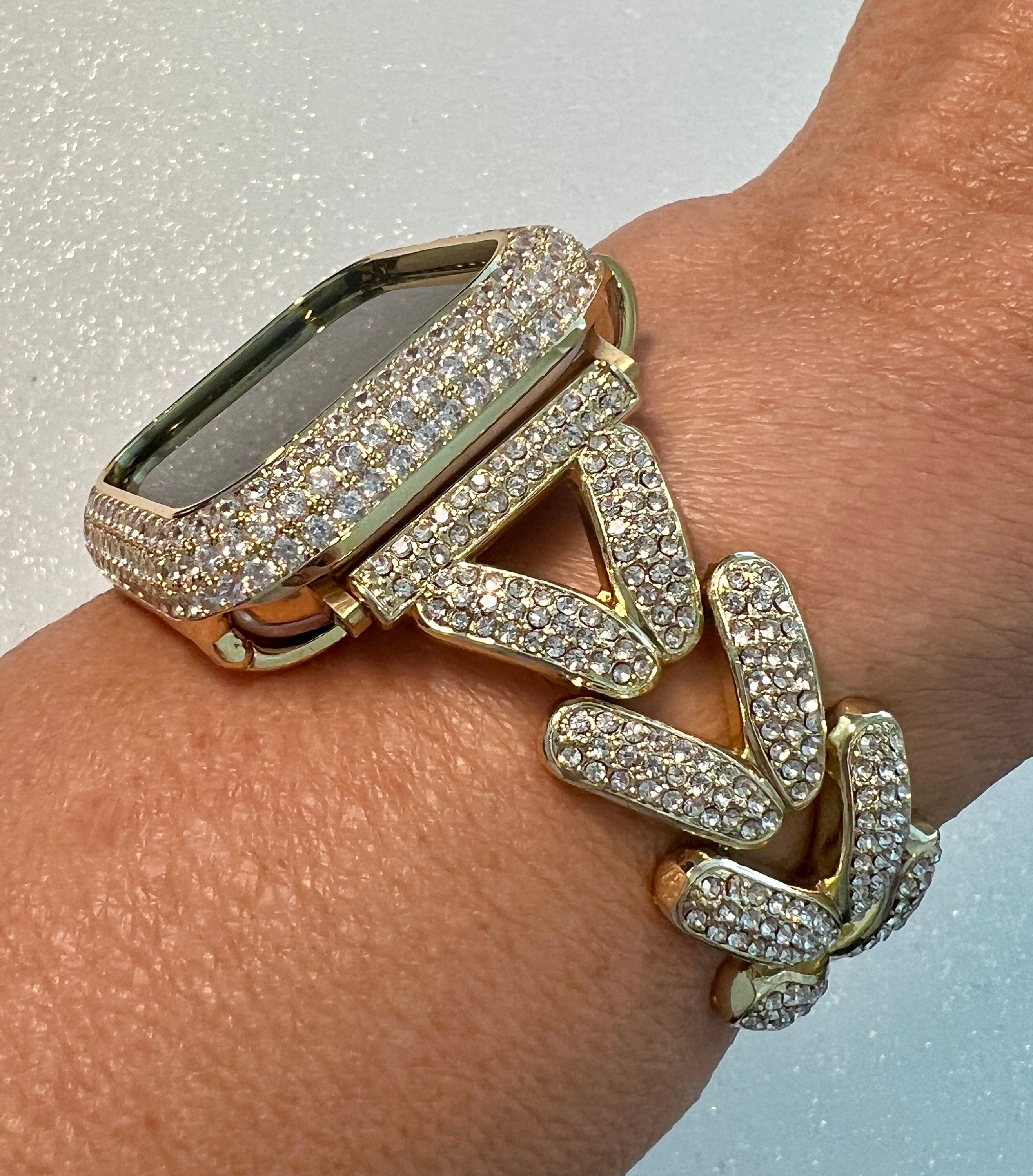 Designer Apple Watch Band Woman Gold Crystal Heart Charm & or Apple Watch Case Lab Diamond Bezel 38mm-49mm Apple Watch Cover