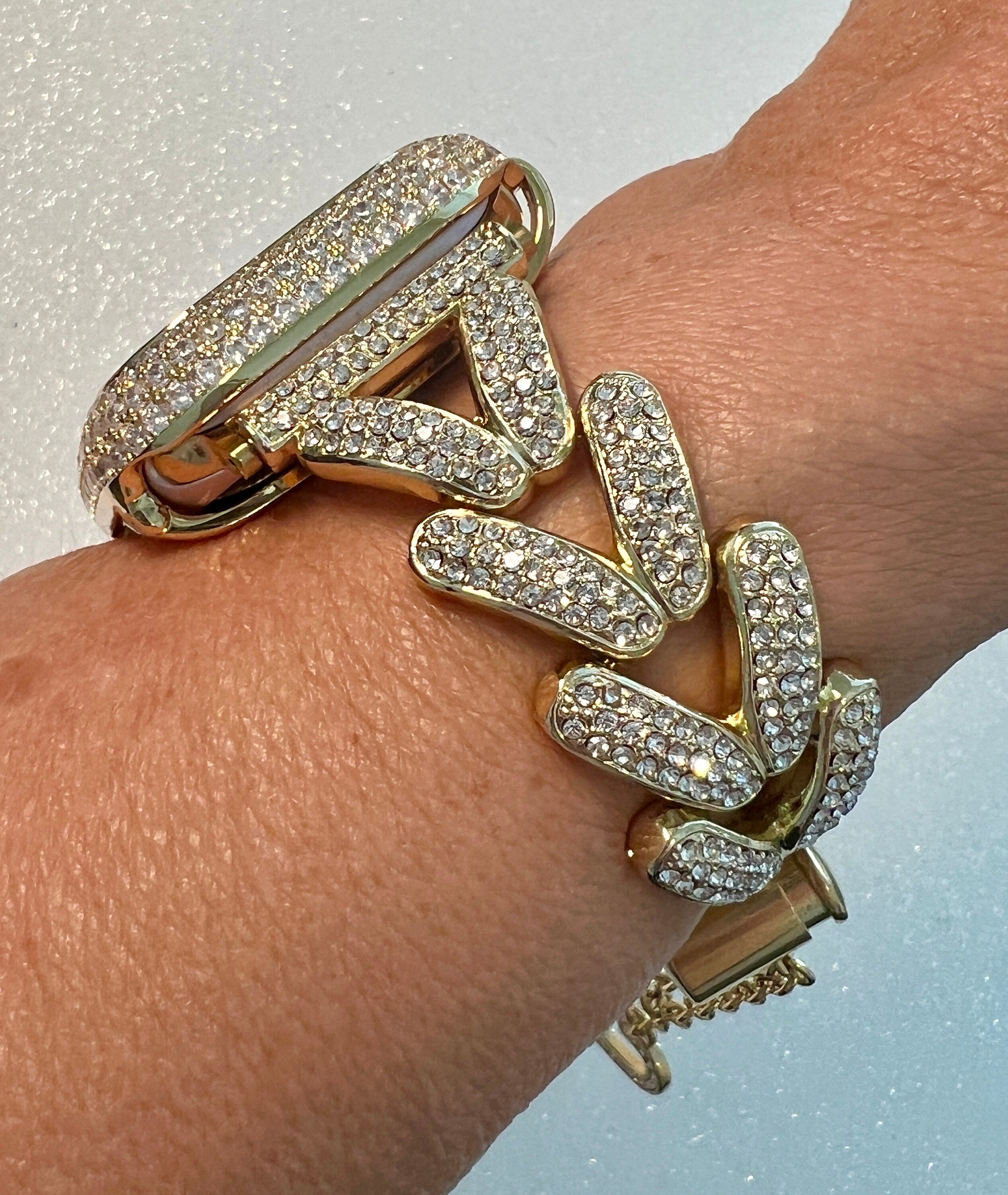 Designer Apple Watch Band Woman Gold Crystal Heart Charm & or Apple Watch Case Lab Diamond Bezel 38mm-49mm Apple Watch Cover