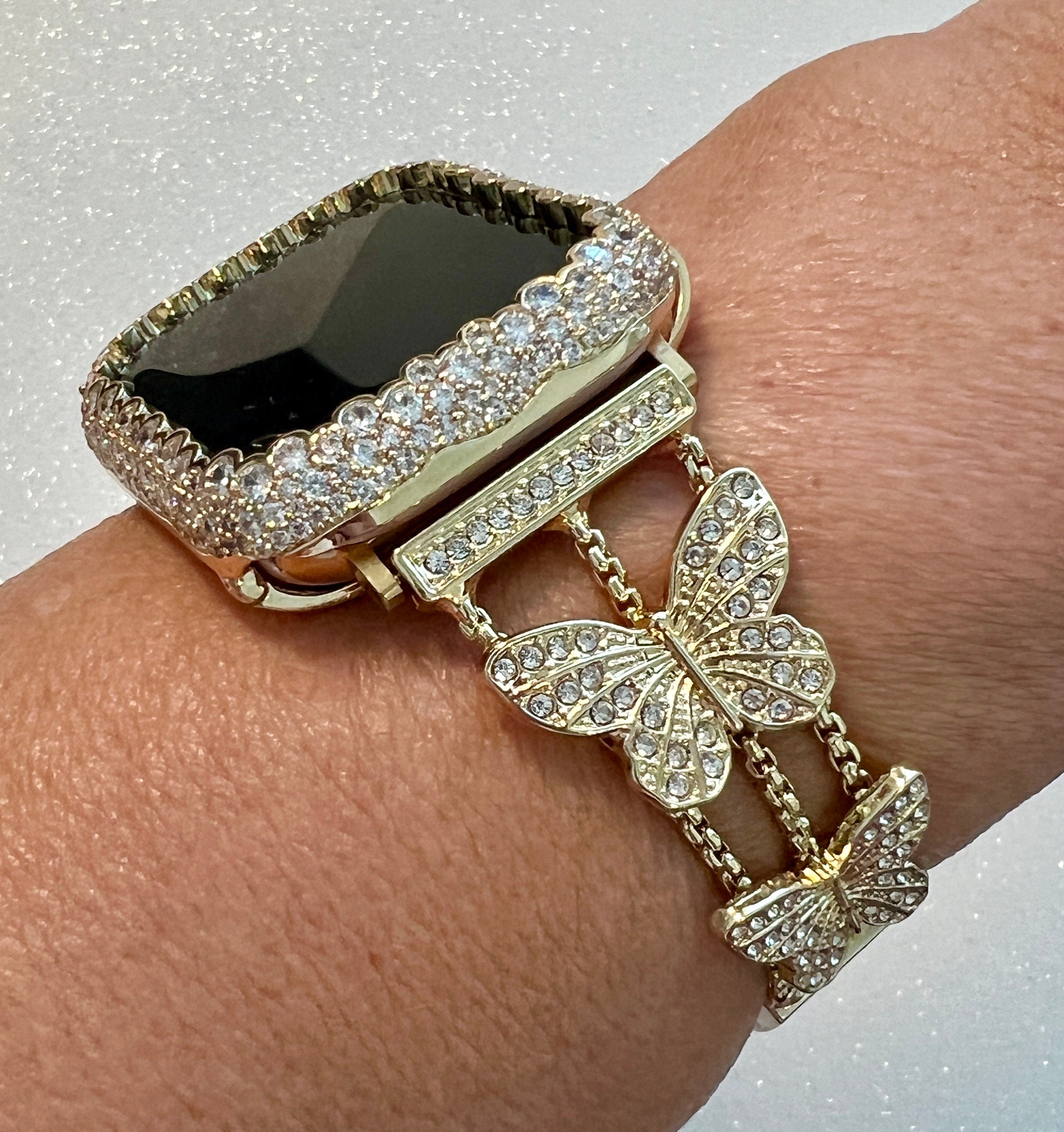 Butterfly Apple Watch Band 49mm Woman Yellow Gold Crystal & or Apple Watch Case Pave Lab Diamond Bezel Apple Watch Cover Bling