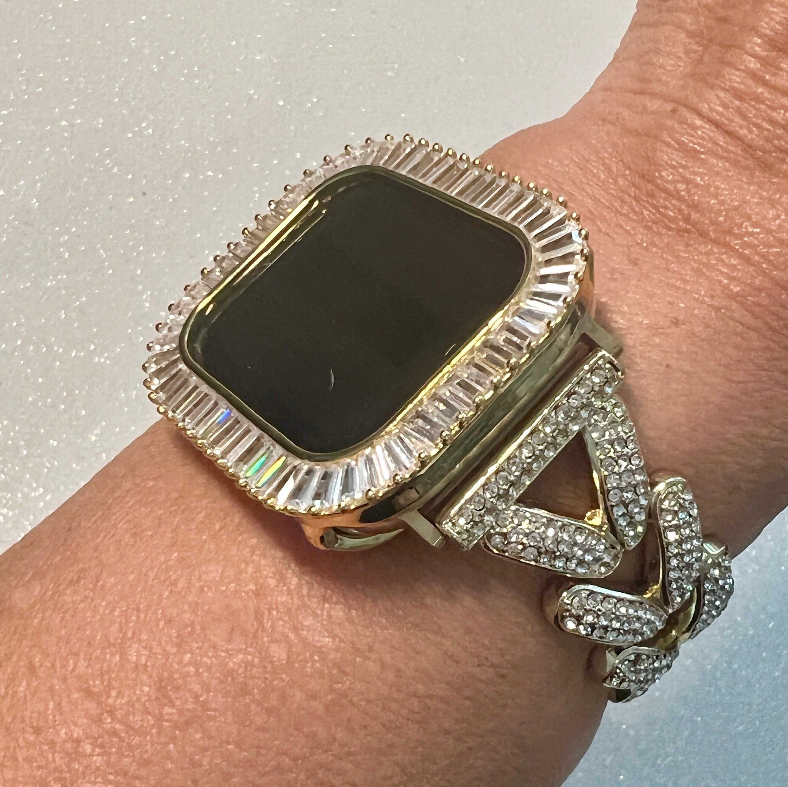 Designer Apple Watch Band Woman Gold Swarovski Crystal Heart Charm & or Apple Watch Case Lab Diamond Baguette Bezel Apple Iphone Watch Cover
