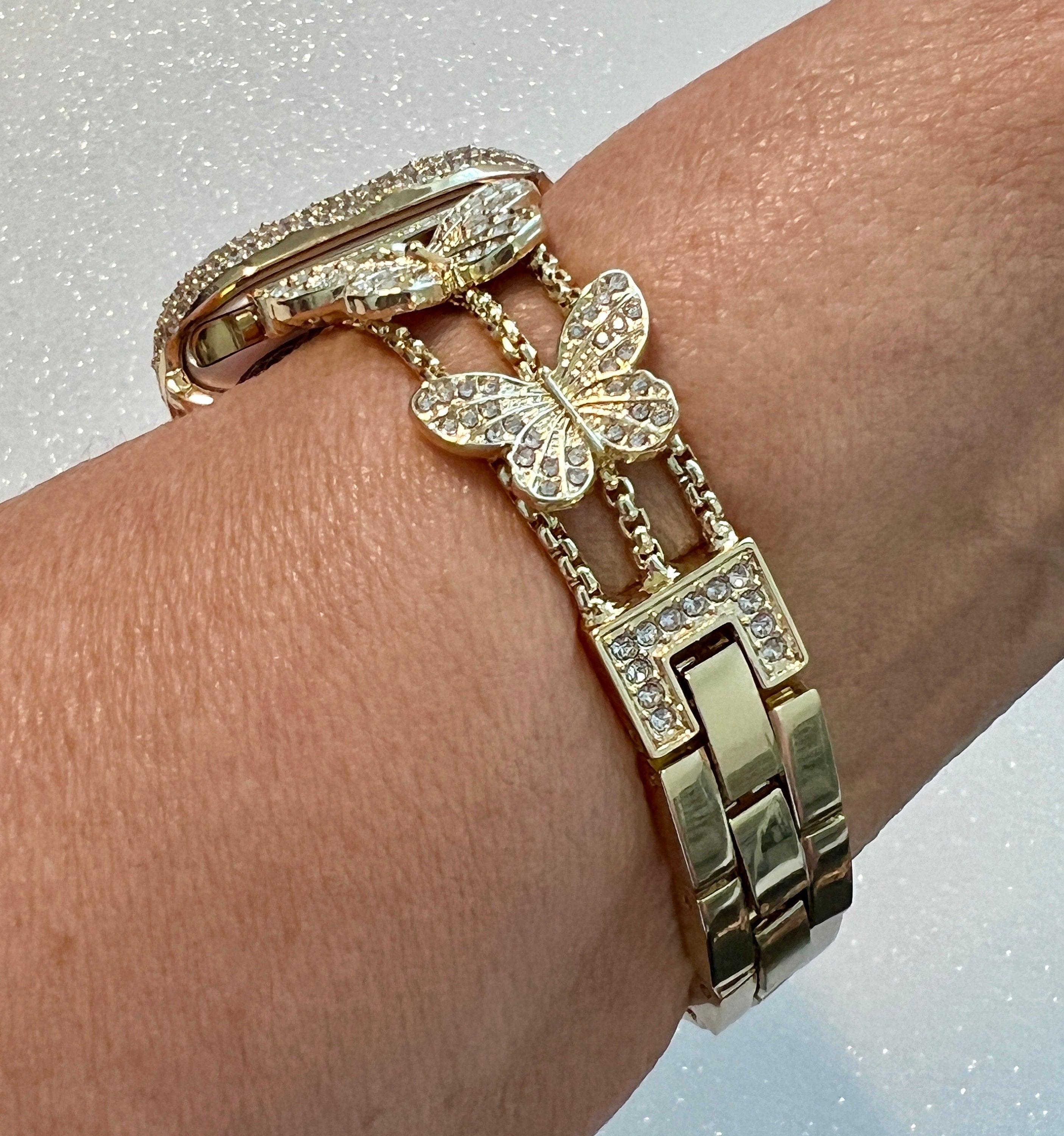 Butterfly Apple Watch Band 49mm Woman Yellow Gold Crystal & or Apple Watch Case Pave Lab Diamond Bezel Apple Watch Cover Bling