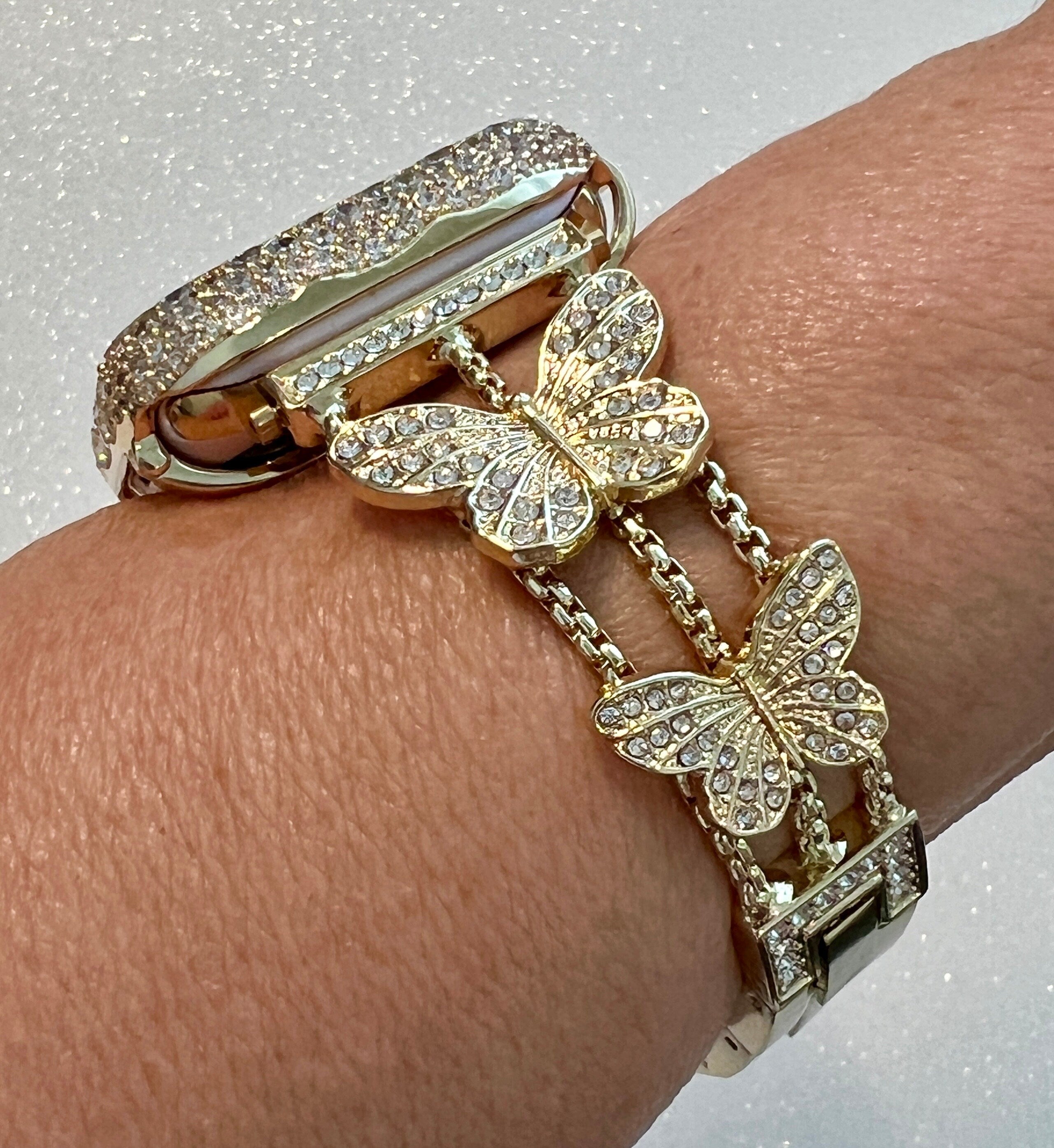 Butterfly Apple Watch Band 49mm Woman Yellow Gold Crystal & or Apple Watch Case Pave Lab Diamond Bezel Apple Watch Cover Bling