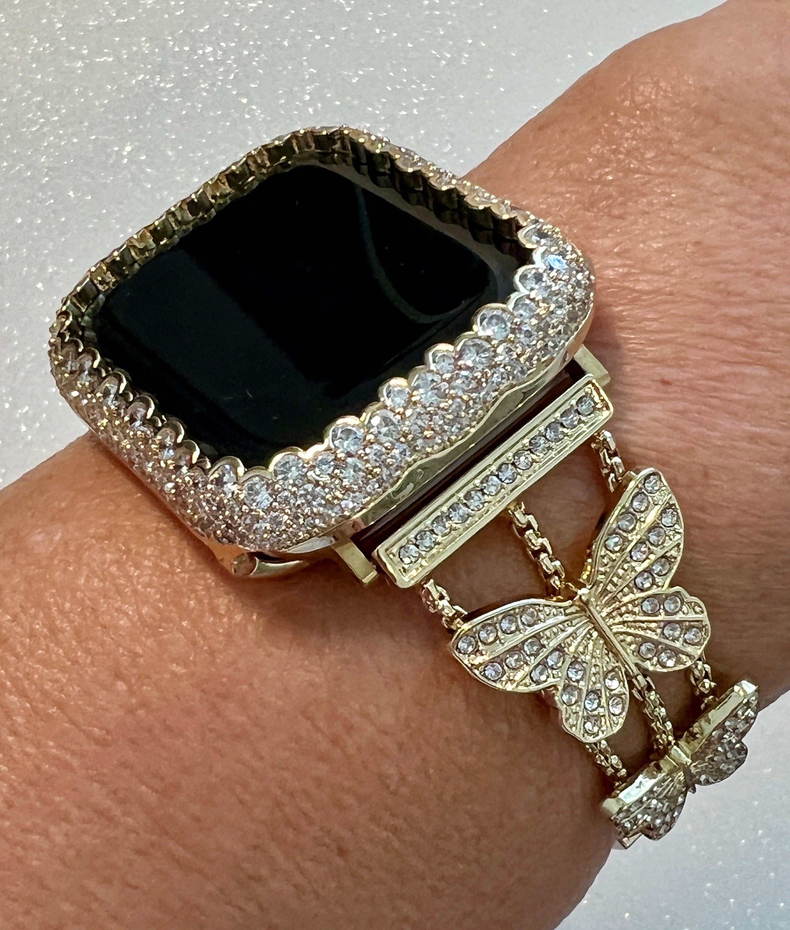 Butterfly Apple Watch Band 49mm Woman Yellow Gold Crystal & or Apple Watch Case Pave Lab Diamond Bezel Apple Watch Cover Bling