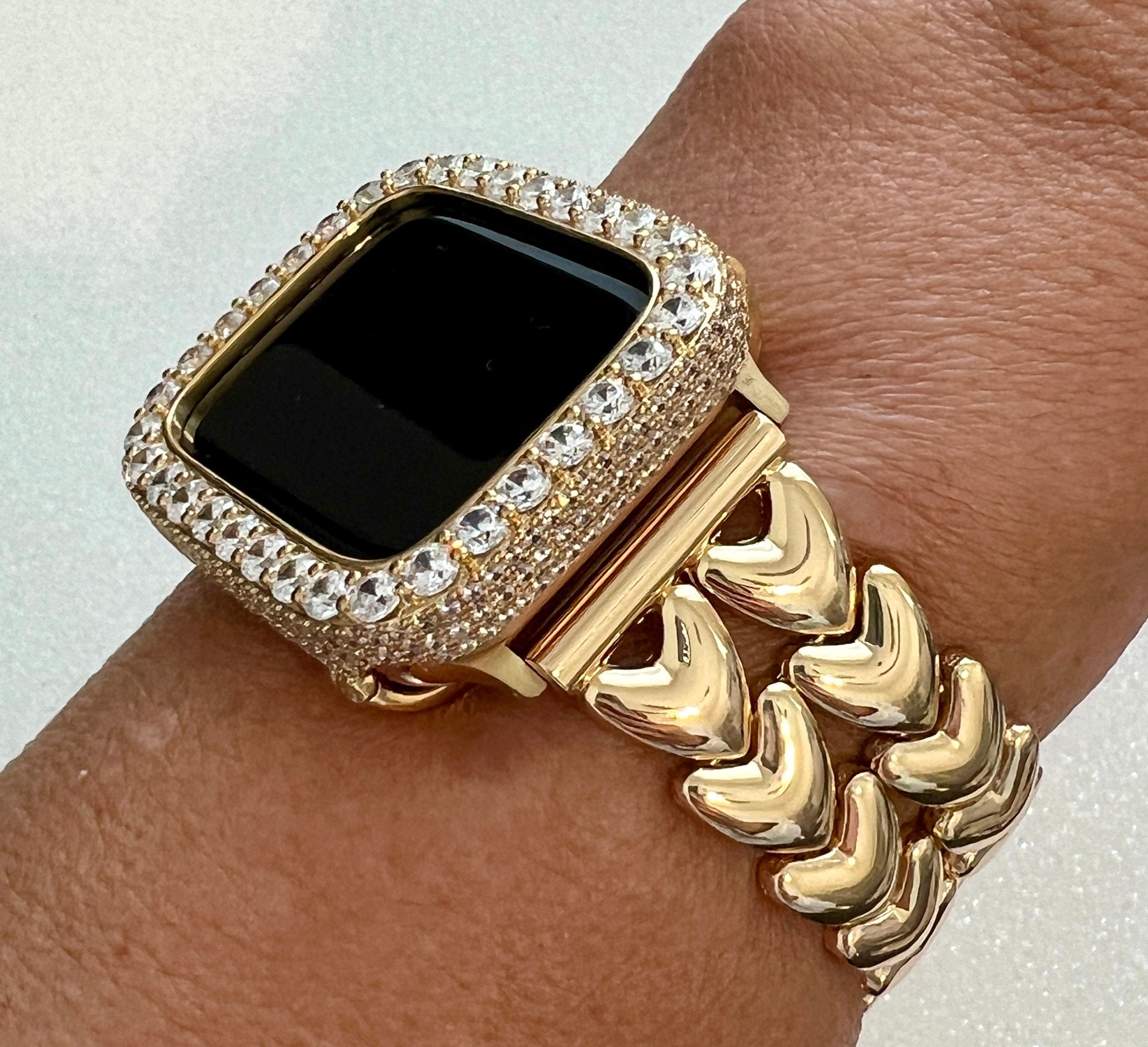 Gold Apple Watch Band Double Row Hearts Bracelet, Iphone Watch Band, Iwatch band & or Apple Watch Case 3.5mm Lab Diamond Bezel Cover Gift