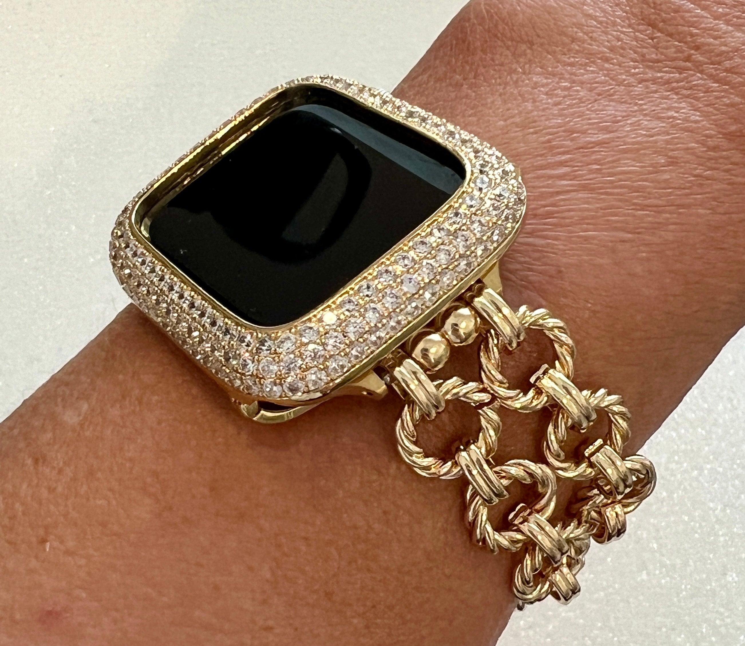 Apple Watch Band Women Gold Chain, Iphone Watch Bracelet & or Apple Watch Case Lab Diamond Bezel Iwatch Cover 39mm-49mm Ultra Series 2-9 SE