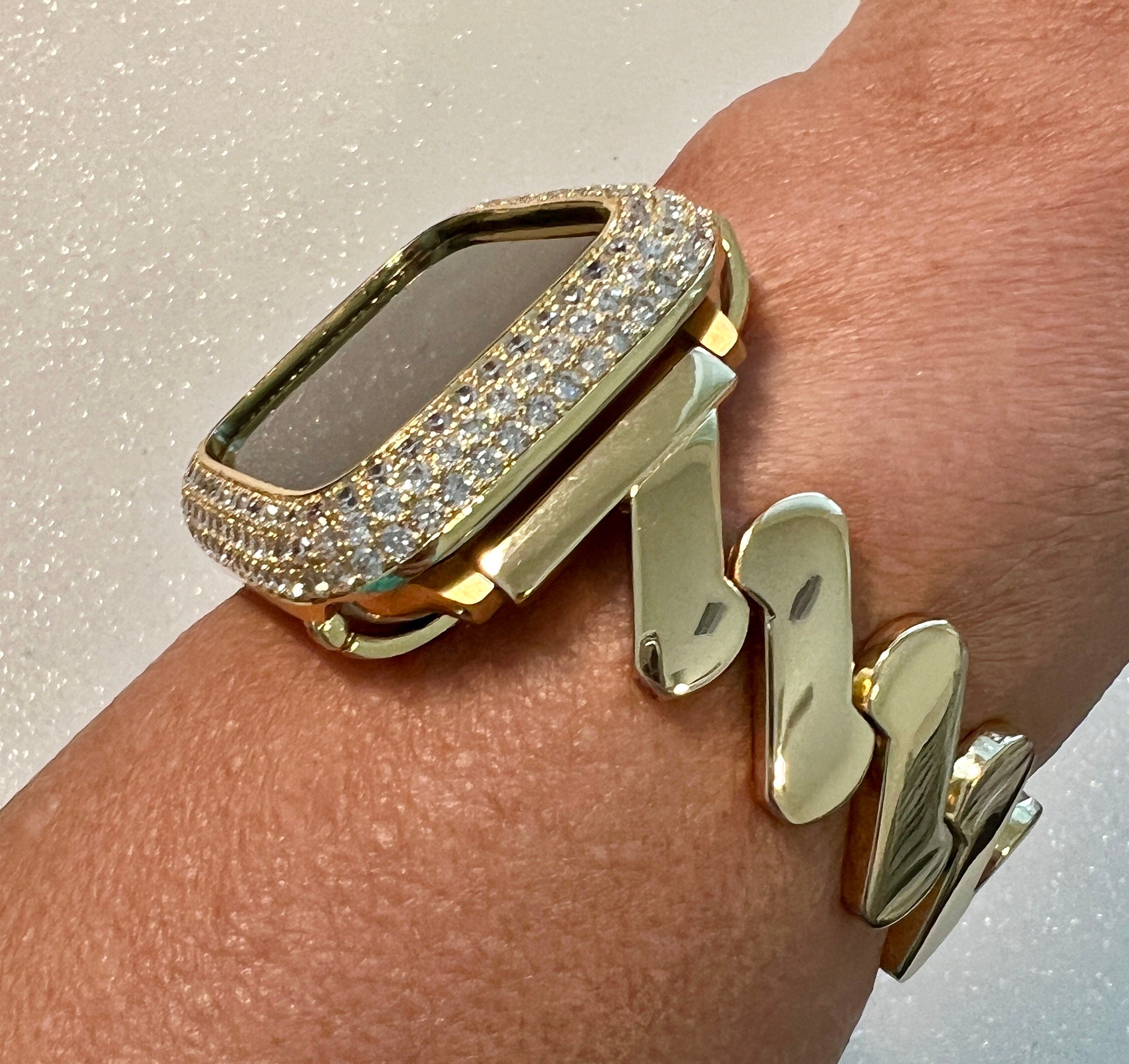 Designer Apple Watch Band Gold Women Minimalist, Iwatch Phone Bracelet & or Apple Watch Case Pave Lab Diamond Bezel Cover Bling Gift for Her