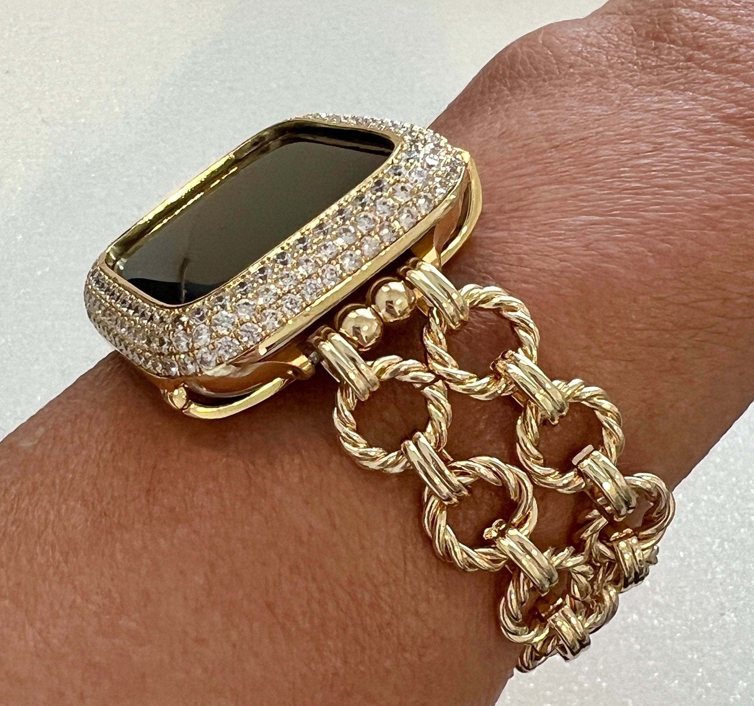 Apple Watch Band Women Gold Chain, Iphone Watch Bracelet & or Apple Watch Case Lab Diamond Bezel Iwatch Cover 39mm-49mm Ultra Series 2-9 SE