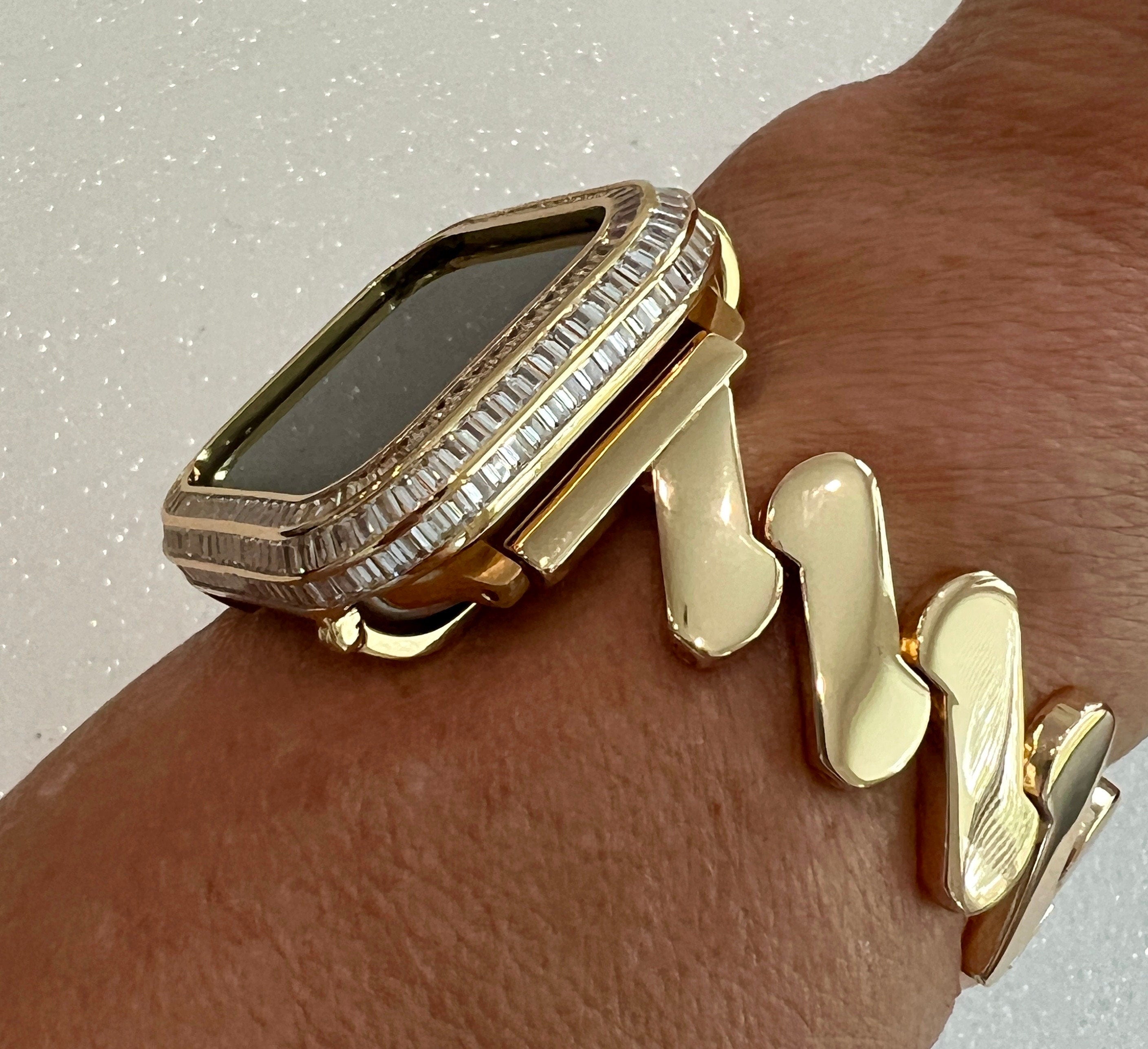 Designer Apple Watch Band Gold Women Minimalist, Iwatch Phone Bracelet & or Apple Watch Case Baguette Lab Diamond Bezel Cover Gift for Her