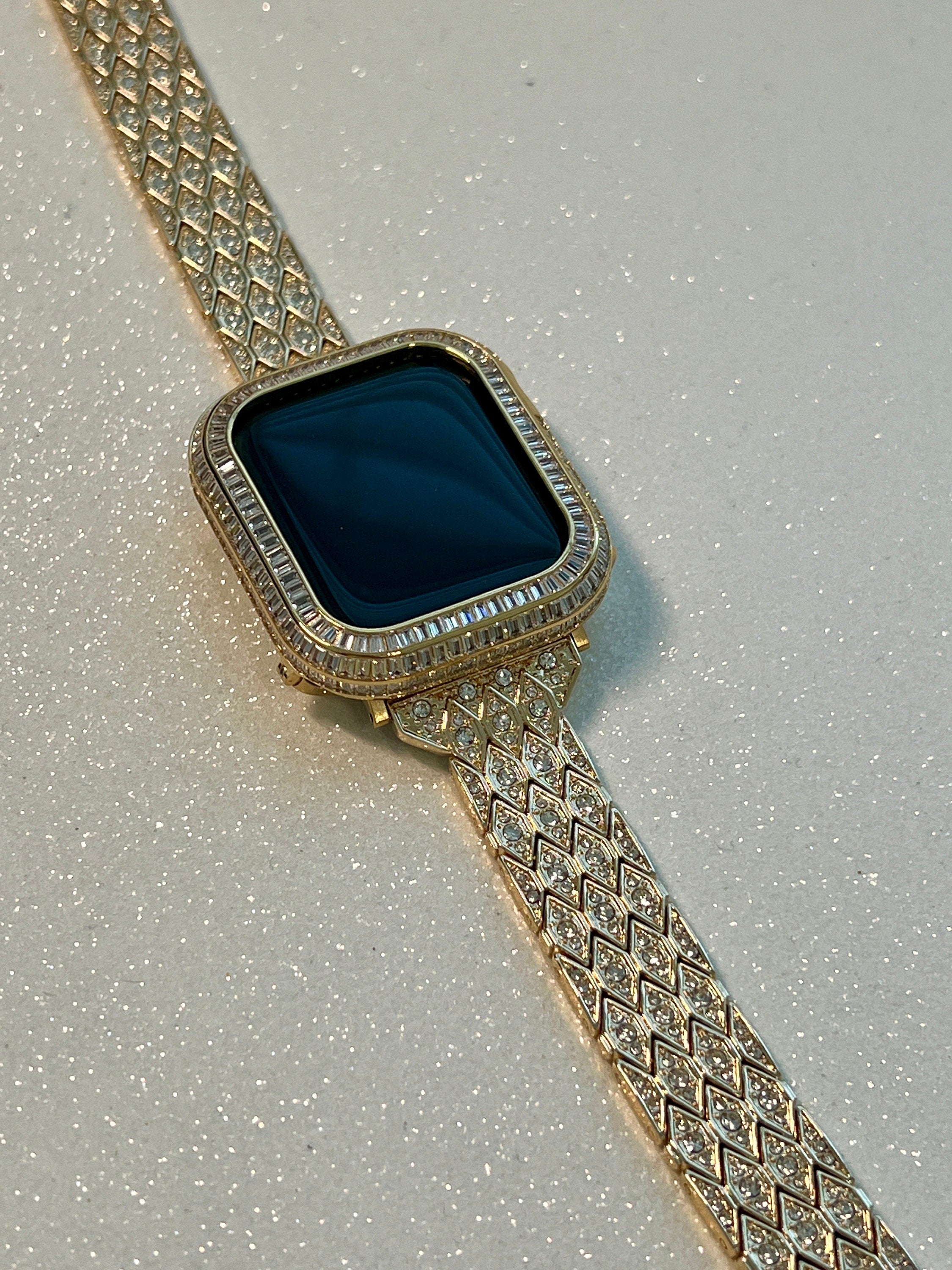 Designer Apple Watch Band Womens Gold, Crystal Iphone Watch Bracelet & or Apple Watch Cover Baguette Lab Diamond Bezel Iwatch Candy Bling