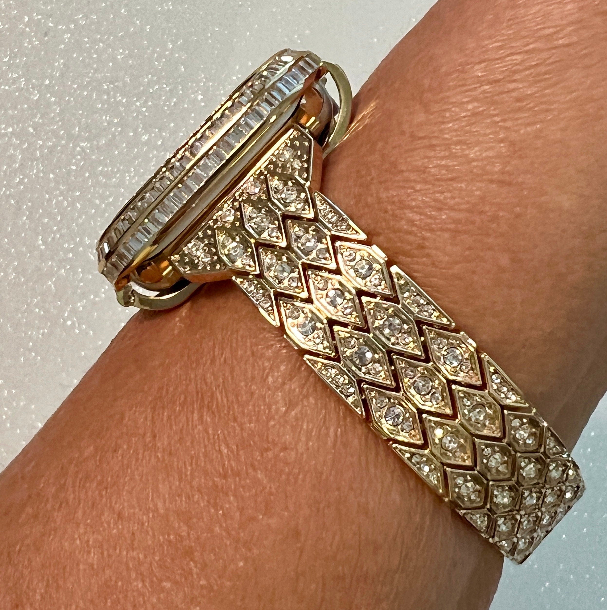 Designer Apple Watch Band Womens Gold, Crystal Iphone Watch Bracelet & or Apple Watch Cover Baguette Lab Diamond Bezel Iwatch Candy Bling