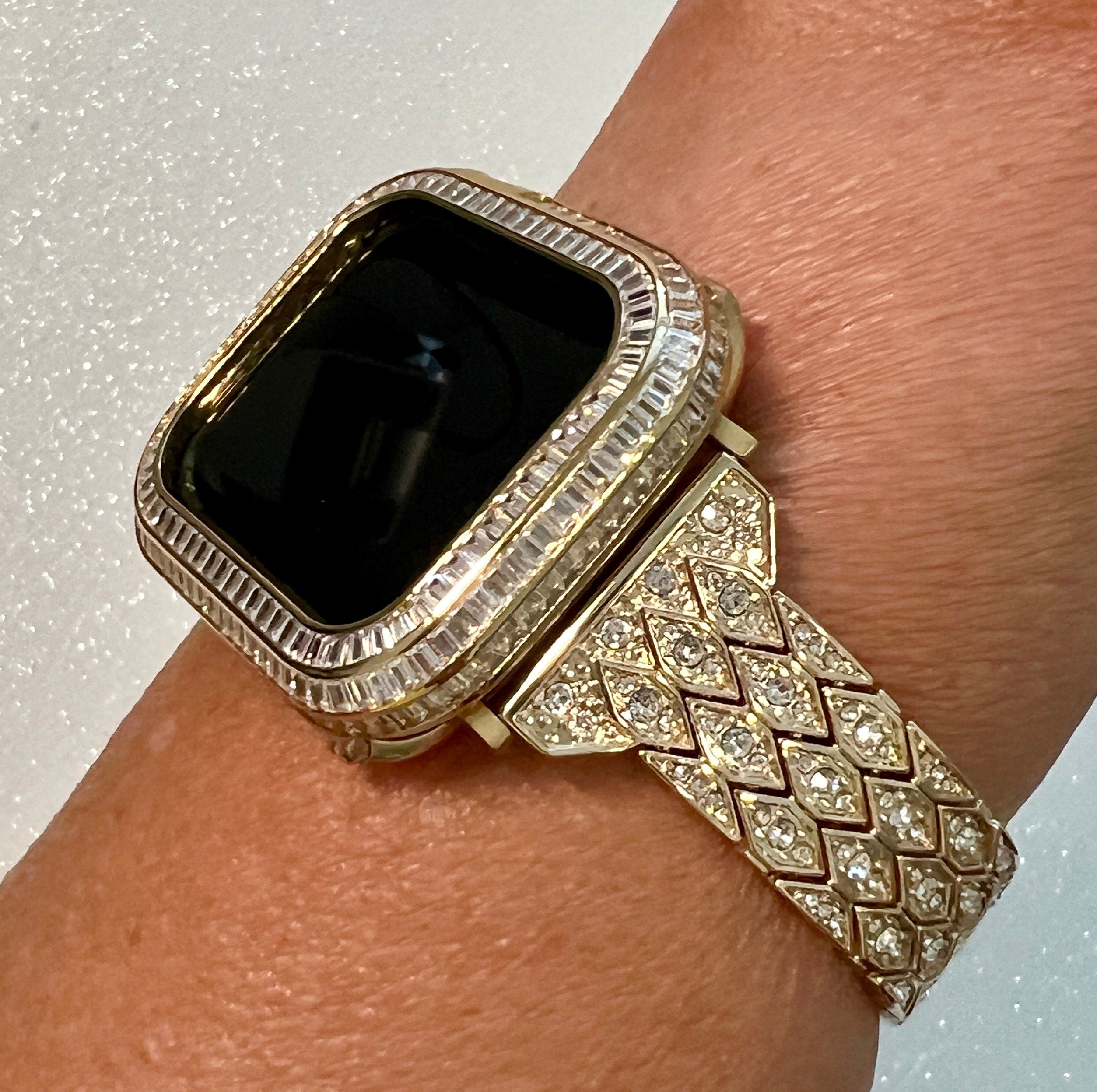 Designer Apple Watch Band Womens Gold, Crystal Iphone Watch Bracelet & or Apple Watch Cover Baguette Lab Diamond Bezel Iwatch Candy Bling
